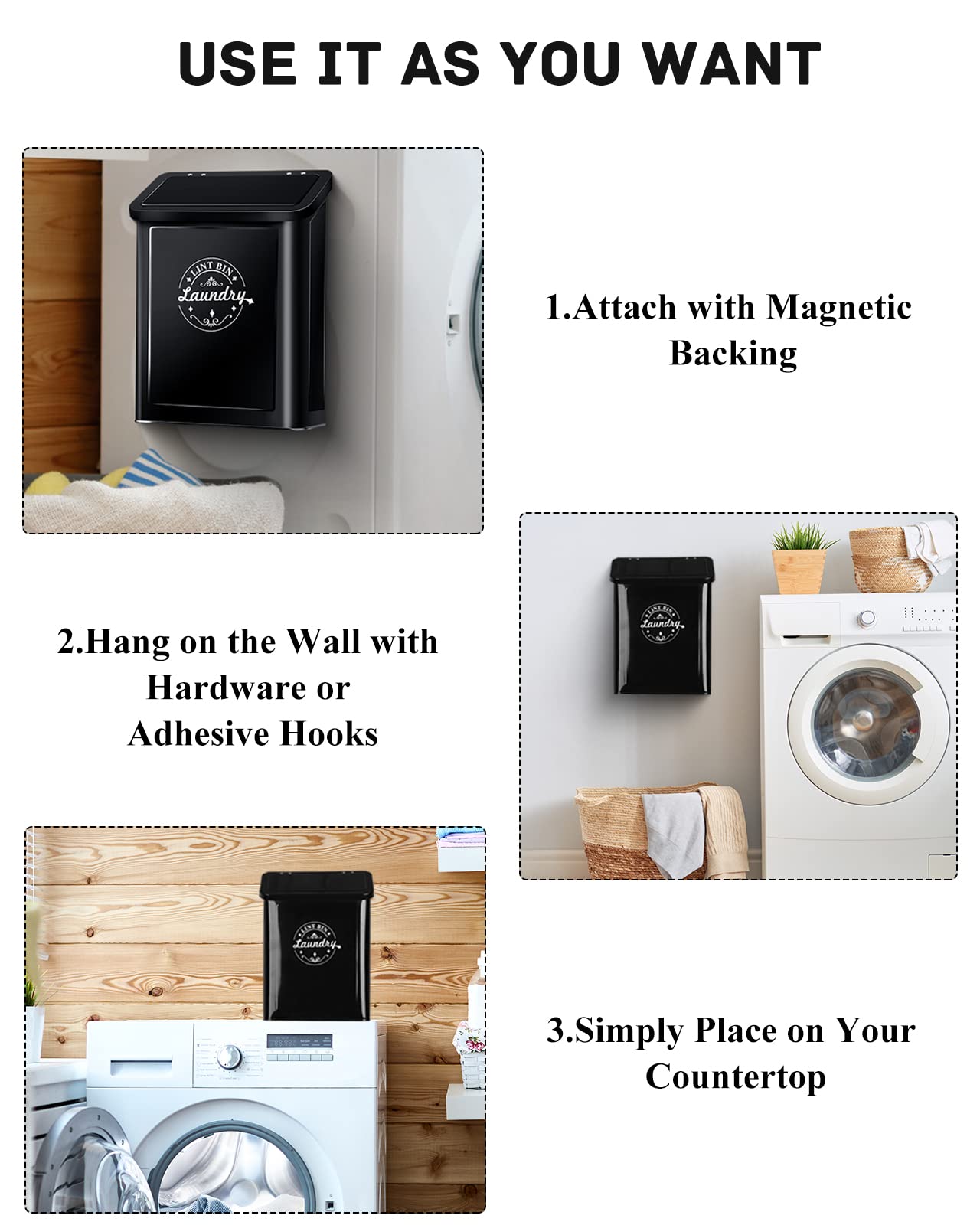 Magnetic Lint Bin with Brush - Wall Mounted Laundry Lint Catcher for Dryer, Space Saving Laundry Room Organizer & Storage - Perfect for Laundry Room Decor & Clothes Dryer Maintenance (Black)
