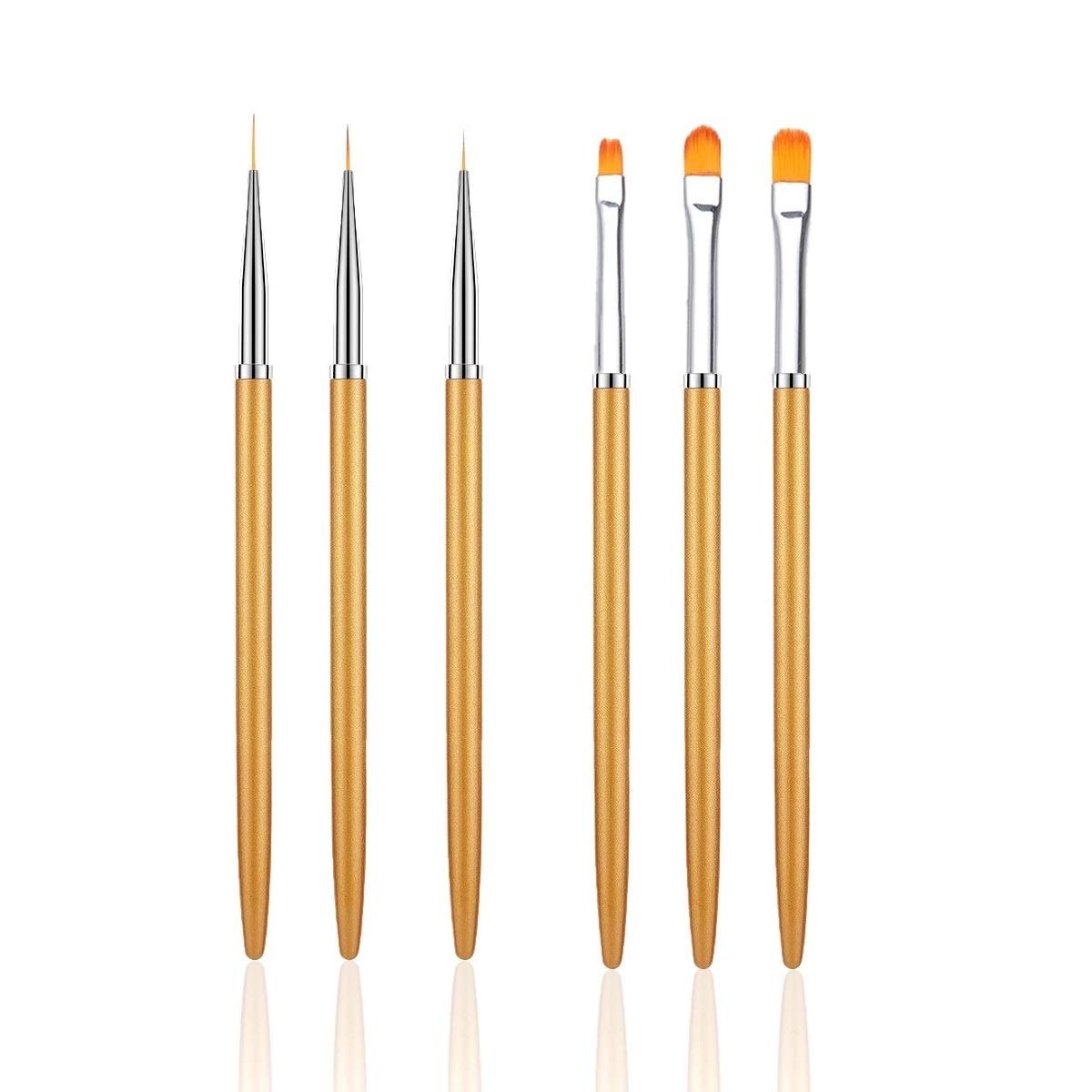 6PCS Professional Nail Art Liner Brushes Set - Acrylic UV Gel Glitter Drawing & Painting Brushes with Nylon Hair for Carving Flowers - Golden Color (7/9/11mm & 6/8/10mm) - Perfect for Salon, Home Manicure & Nail Art Design