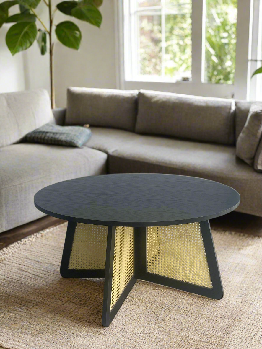 Shia Cane Round Black Coffee Table - Natural Rattan Accent Table for Living Room, Patio, or Bedroom - Stylish & Durable Home Decor