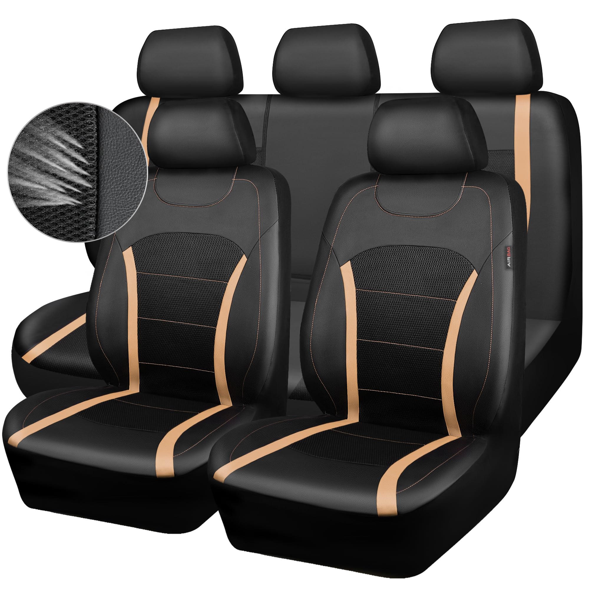 CAR-GRAND 3D Air Mesh Breathable Car Seat Covers Full Set - Universal Leather Seat Protectors for Cars, SUVs & Trucks | Airbag Compatible | Sport Style (Black/Beige) | Perfect for Daily Commuting, Road Trips & Family Travel