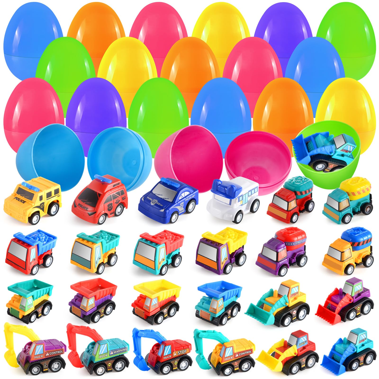 24-Pack Easter Toy Cars - Pull Back Construction Trucks & Police Cars for Kids Party Favors | Easter Egg Hunt Gifts, Classroom Prizes & Basket Stuffers | Great for Easter Celebrations, Birthday Parties & School Rewards