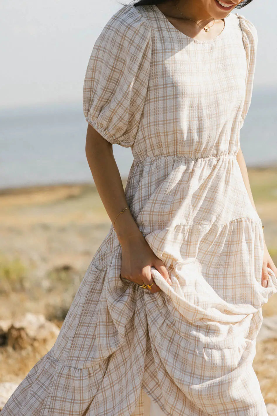 Melina Plaid Midi Dress in Taupe | Women's Fashion | Perfect for Office, Date Night & Fall Outfits | FINAL SALE