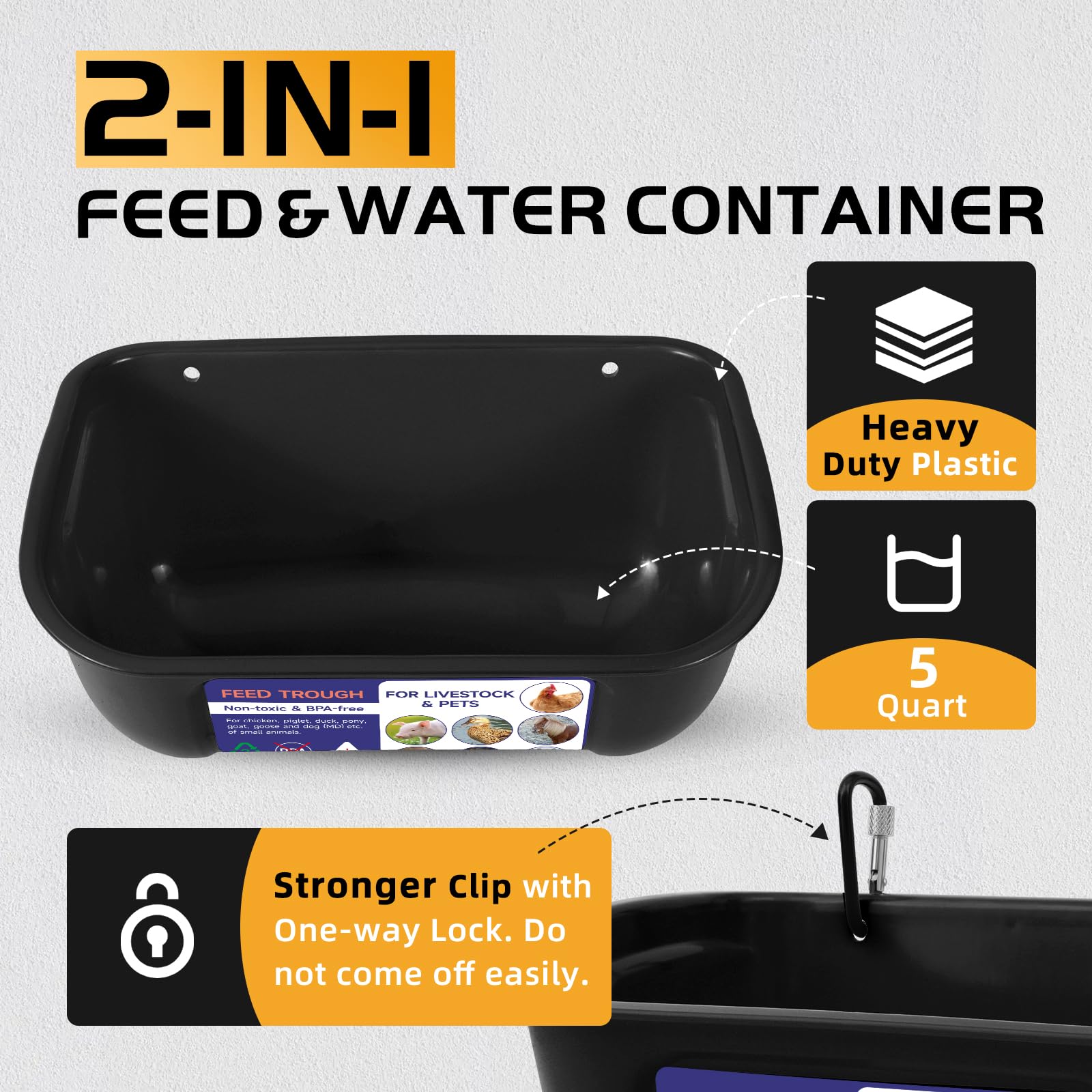Goovilla 5 Quart Hanging Chicken Feeder & Waterer - 2 Pack Plastic Livestock Feeder for Poultry, Goats, Ducks, Pigs, Sheep and Dogs - Screw-in Fence Mount or Hanging with Clips - Durable Black Plastic Trough for Coop, Farm and Pet Use