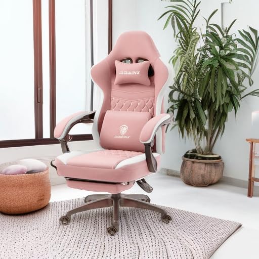 Dowinx Ergonomic Gaming Chair with Breathable Fabric & Pocket Spring Cushion - Comfortable Office Chair with Gel Seat Pad, Massage Function & Footrest - Pink Gaming Chair for Home & Office Use