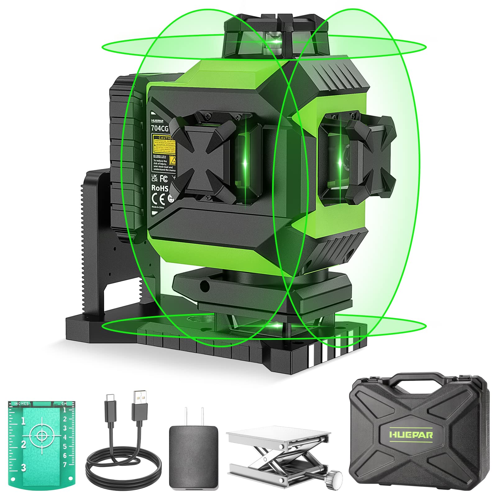 Huepar 704CG 4D Self-Leveling Green Laser Level - 4x360° Cross Line with 16 Lines for Tiling & Flooring - 2x360° Horizontal/Vertical Laser - Rechargeable Li-ion Battery & Magnetic Bracket - Perfect for Construction, Renovation, and DIY Home Projects