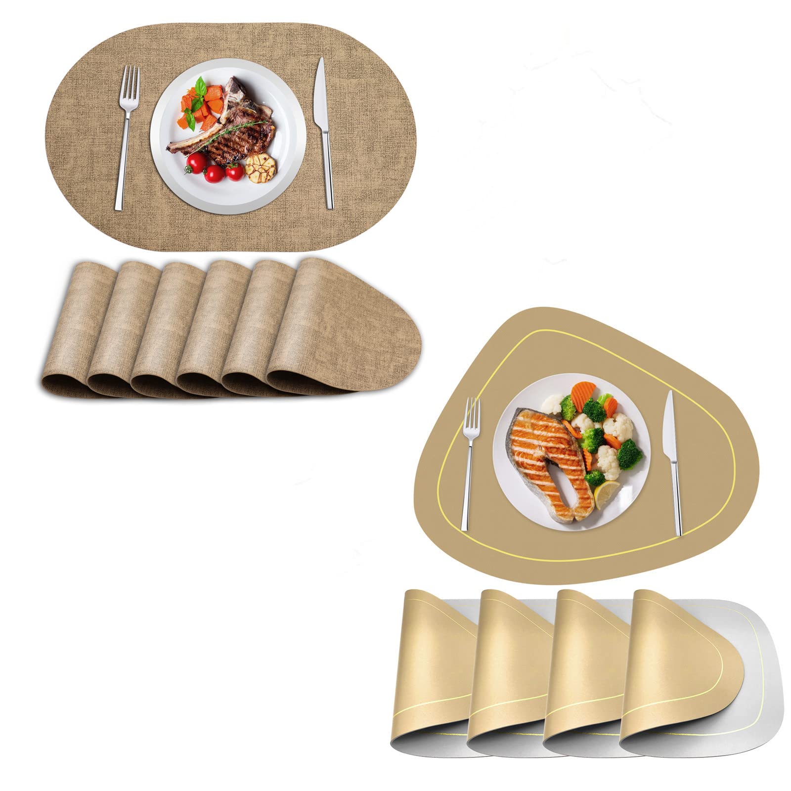 ANUNU Set of 6 & 4 Gold Faux Leather Placemats - Double Sided Heat Resistant Table Mats for Round & Rectangular Dining Tables - Perfect for Wedding, Party, and Everyday Use