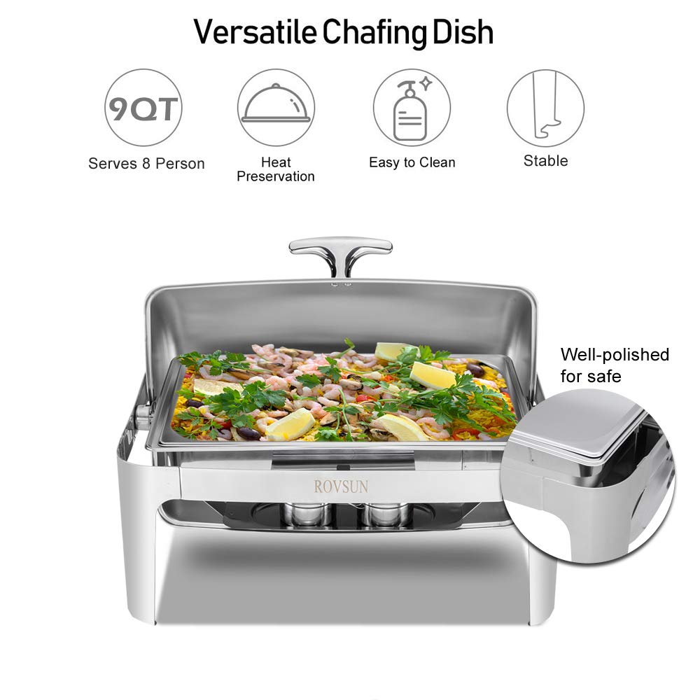 ROVSUN 2-Pack 9 Quart Stainless Steel Roll Top Chafing Dish Buffet Set - NSF Certified Rectangular Catering Pans for Weddings, Parties, Banquets & Events - Perfect for Buffet Serving, Food Warmers & Catering Displays