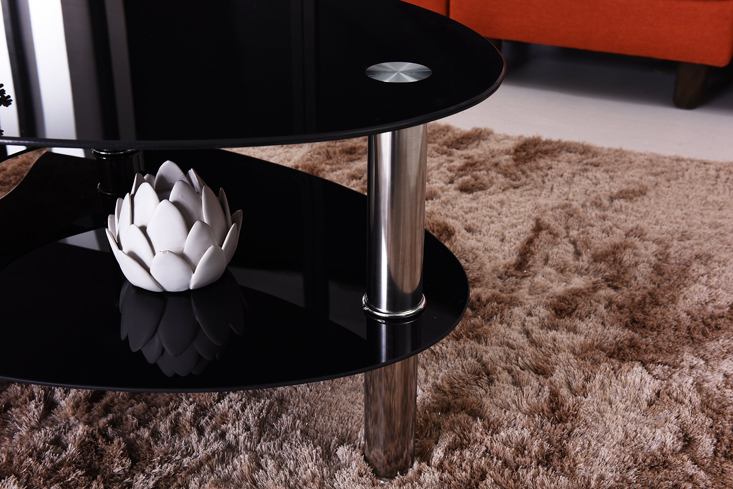 Hodedah 3-Tier Oval Tempered Glass Coffee Table - Modern Black End Table for Living Room, Bedroom & Office Decor