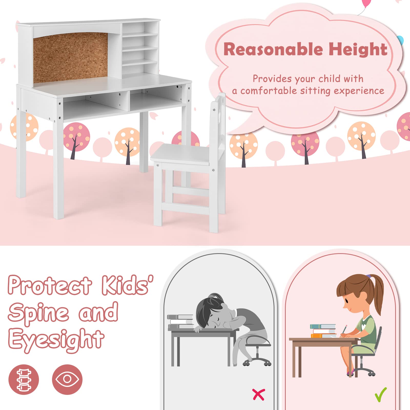 Costzon Kids Desk and Chair Set - Adjustable Wooden Study Desk with Storage Hutch, Cork Bulletin Board & Bookshelf | Ergonomic Student Writing & Computer Workstation for Study Room, Bedroom, Homeschooling & Online Learning (White)