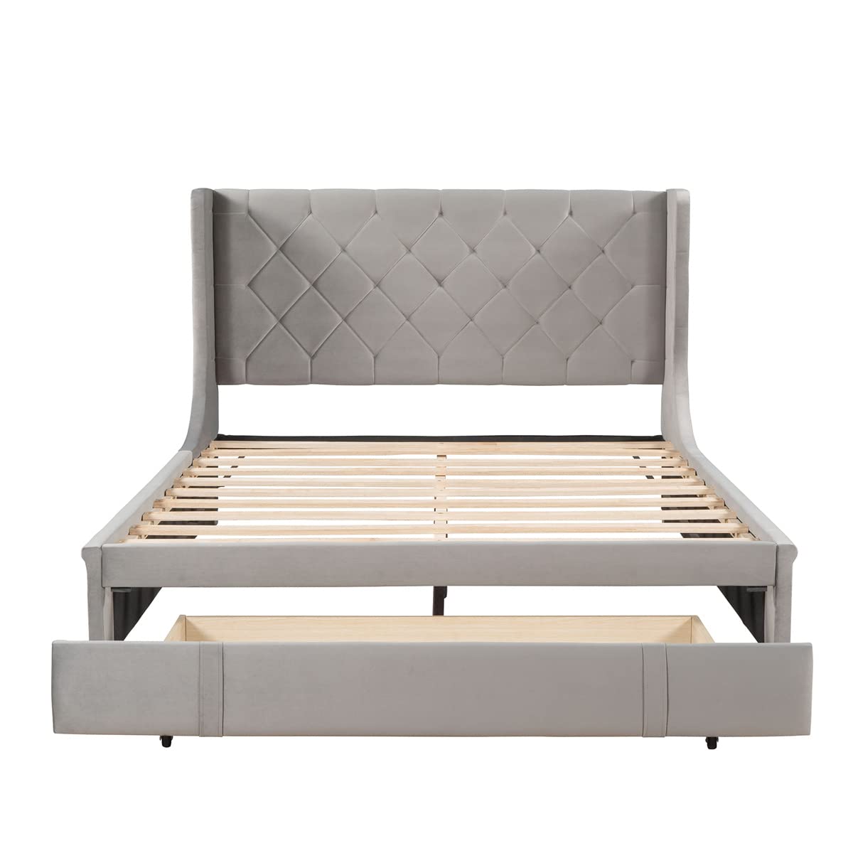 TRIPLE TREE Queen Size Storage Bed with 4 Drawers, Upholstered Wingback Platform Bed Frame with Wooden Slat Support - Modern Bedroom Furniture for Teens & Adults (Gray) | Perfect for Small Spaces & Guest Rooms