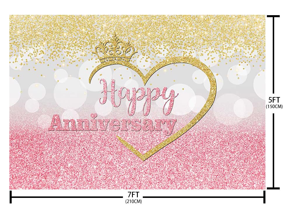 Happy Anniversary Backdrop - Pink Silver Gold Glitter Vinyl Photo Booth Background for 1st, 10th, 50th Wedding Anniversary Decor (7x5ft) | Couple Cheers Crown Design | Party Photography Studio Props | Perfect for Wedding Celebrations, Photo Shoots & Anniversary Parties