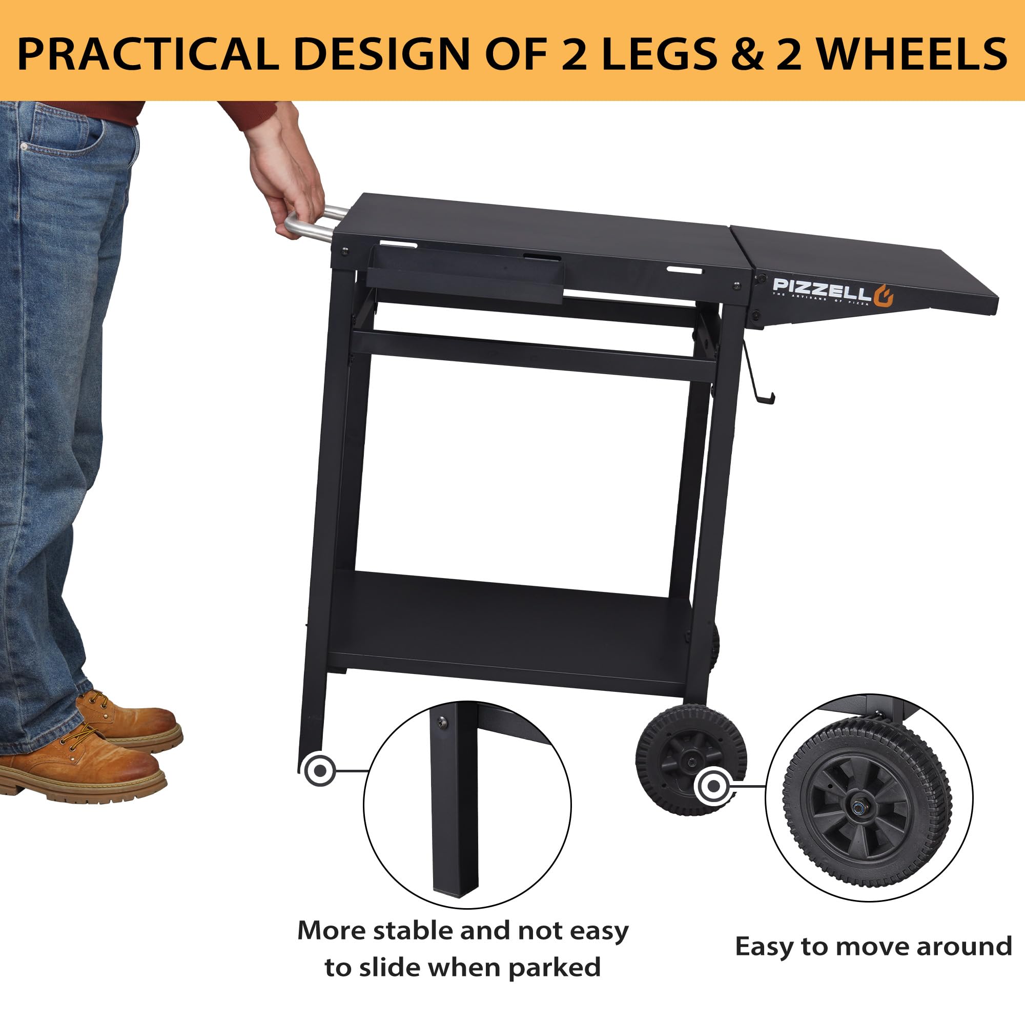 Premium Outdoor Grill Cart with Double Shelves - Foldable & Portable BBQ Table, Movable Food Prep Station, Pizza Oven Stand Trolley with 2 Wheels & Hooks - Perfect for Backyard BBQ, Camping, and Outdoor Kitchen Setup