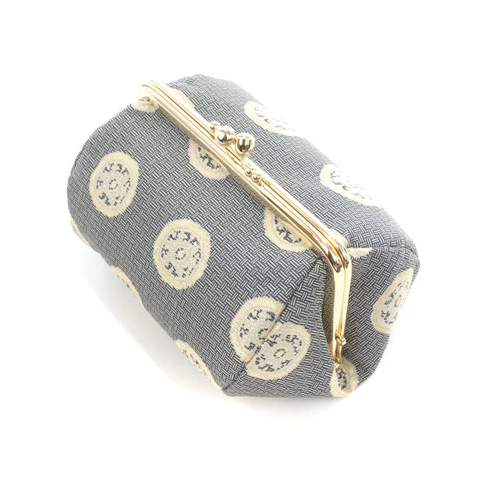 Nishijin Woven Wheel-Shaped Small Pouch - Gray | Handmade in Kyoto Japan | Cosmetic & Makeup Bag, Japanese Gamaguchi Pouch | Perfect for Travel Toiletry, Stationery Organization & Bag Organizer | Elegant Gift for Women & Daily Use Accessory