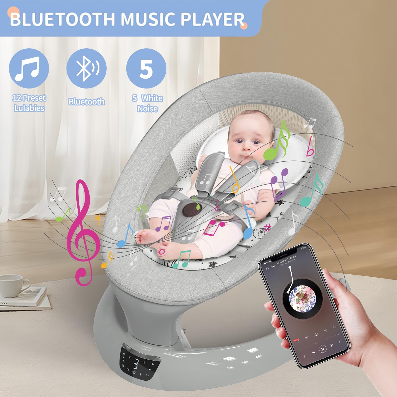 Electric Baby Swing for Infants - Portable Rocker with Bluetooth, 5 Speed Settings, 12 Lullabies & 5 Nature Sounds - Perfect for Newborns & Toddlers (0-12 Months) - Ideal for Nursery, Living Room & Travel Use