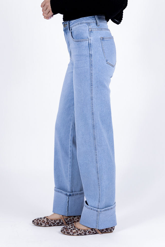 Camila Light Wash Wide Leg Cuffed Jeans for Women - High Waist Distressed Denim Pants - Casual & Chic Outfit for Streetwear, Date Night, and Everyday Wear