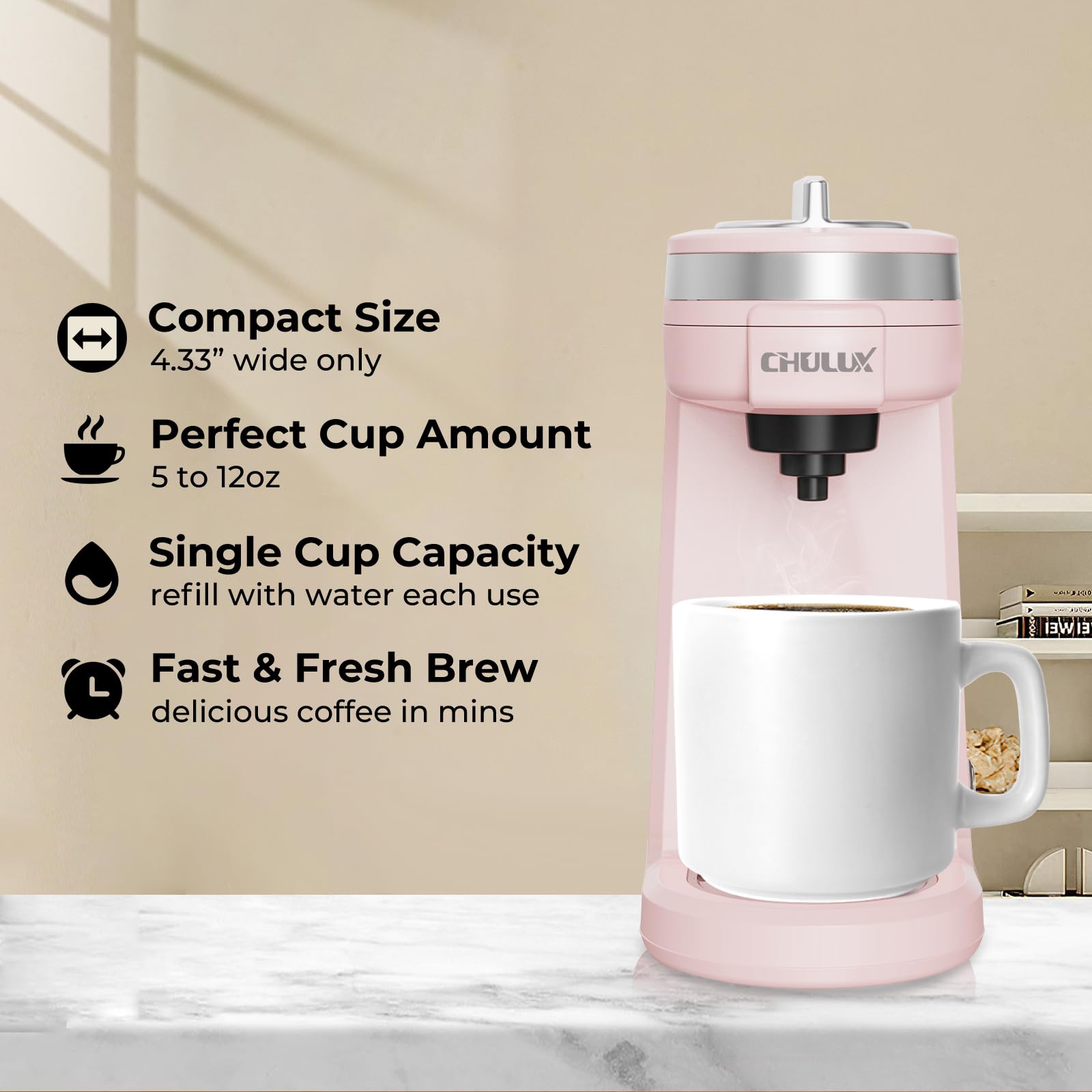 CHULUX 2-in-1 Mini Travel Coffee Maker - Compatible with K-Cups & Ground Coffee, Single Serve Coffee Machine for Espresso & Americano, Compact Pod Brewer for Home, Office & Travel - Dusty Rose | Perfect for Small Spaces, Camping & Dorm Rooms