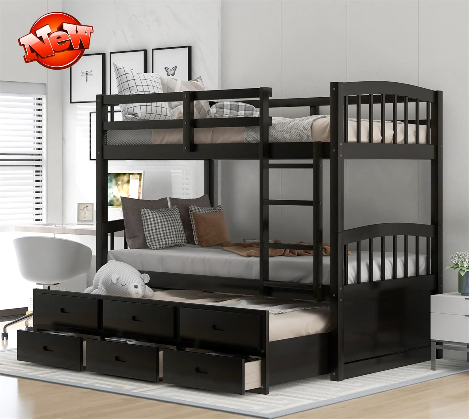 Solid Wood Twin Bunk Bed with Storage & Trundle - Heavy Duty for Kids & Adults (Espresso) - Perfect for Small Spaces & Guest Rooms