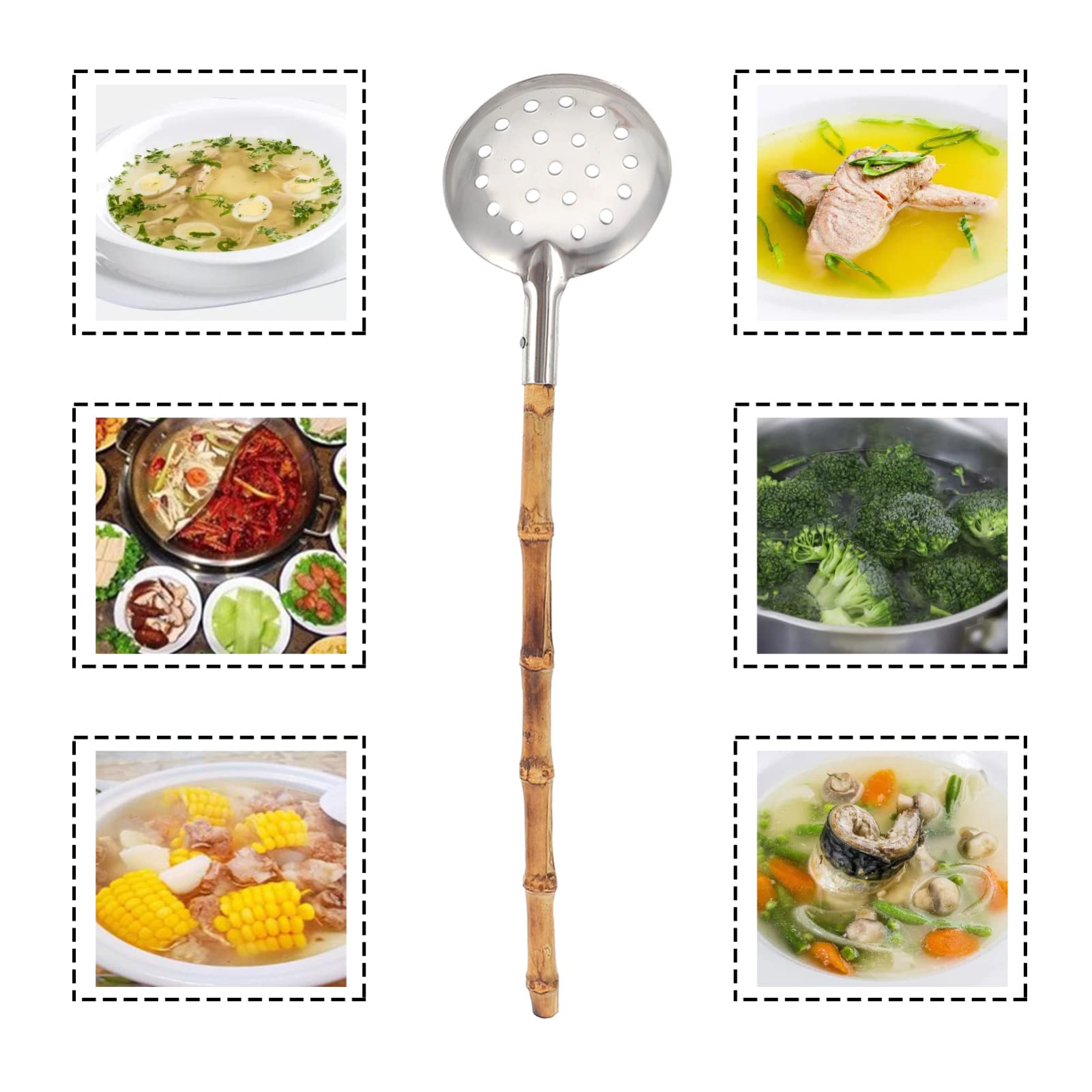 Premium Wooden Hot Pot Spoon & Stainless Steel Skimmer - 2-in-1 Long Handle Soup Spoon for Ramen, Pho & Asian Cooking | Japanese-Style Bamboo Utensil Set for Noodles, Dumplings & Hot Pot Dining