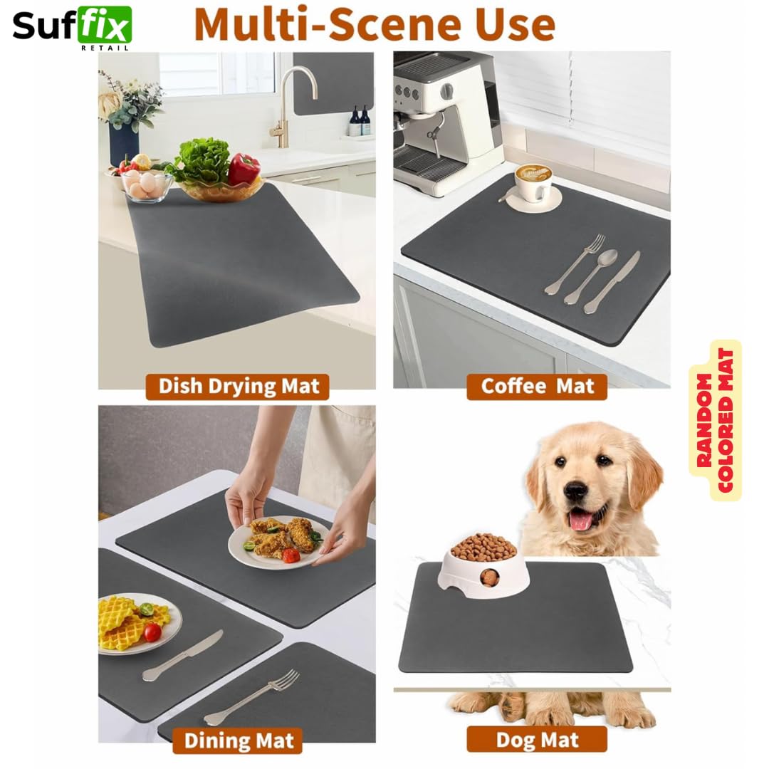 Suffix Retail ® - 1PC Dish Drying Mat with 2PC Metal Mesh Dishwashing Cloths | Non-Slip Kitchen Counter Mat | Utensil Drying Rack | Water Absorbent Kitchen Accessories (40x60cm) for Sink, Countertop & Dish Rack Organization