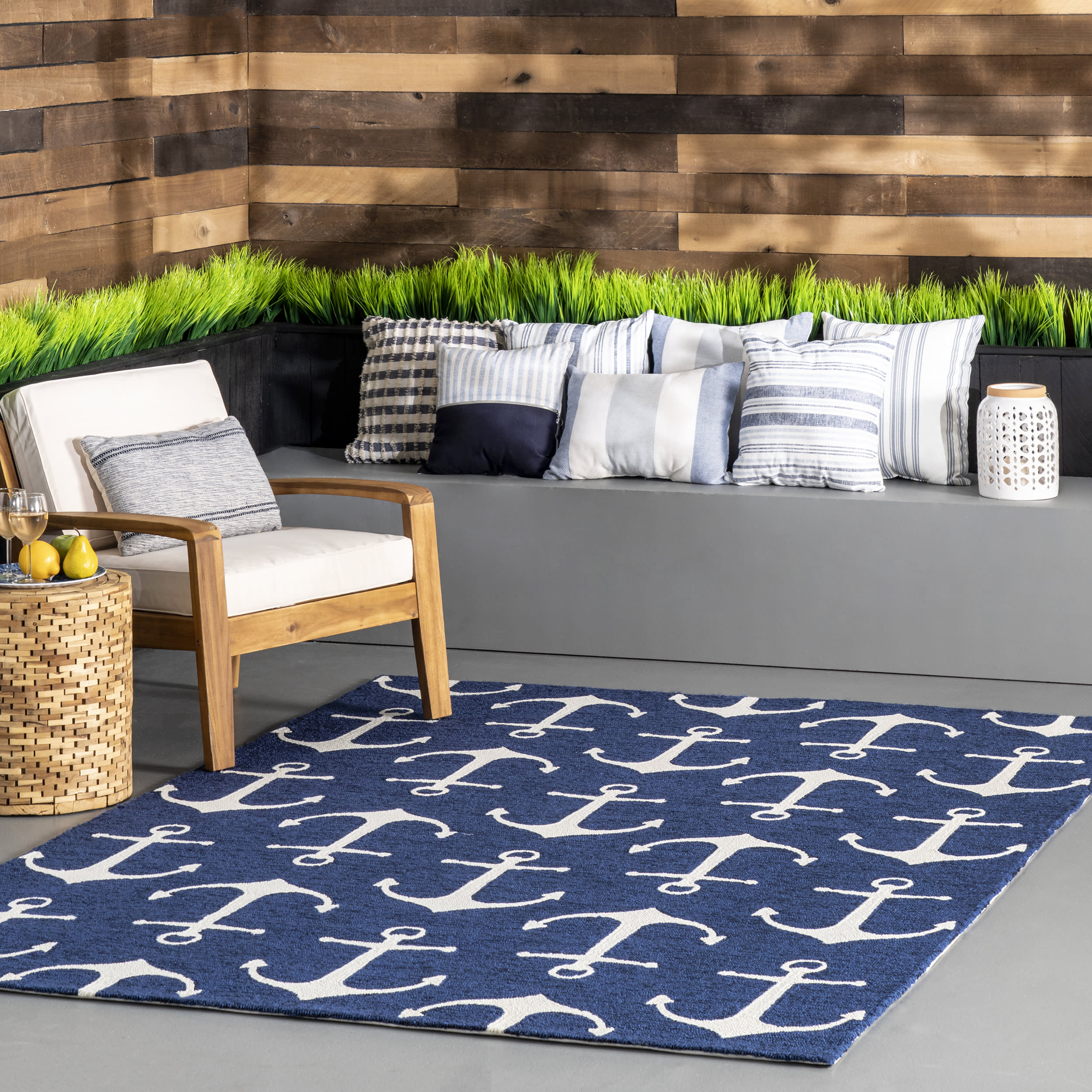Premium Indoor/Outdoor Navy Blue Anchors Design Rug - Waterproof & Durable for Patio, Deck, Poolside, and Home Decor