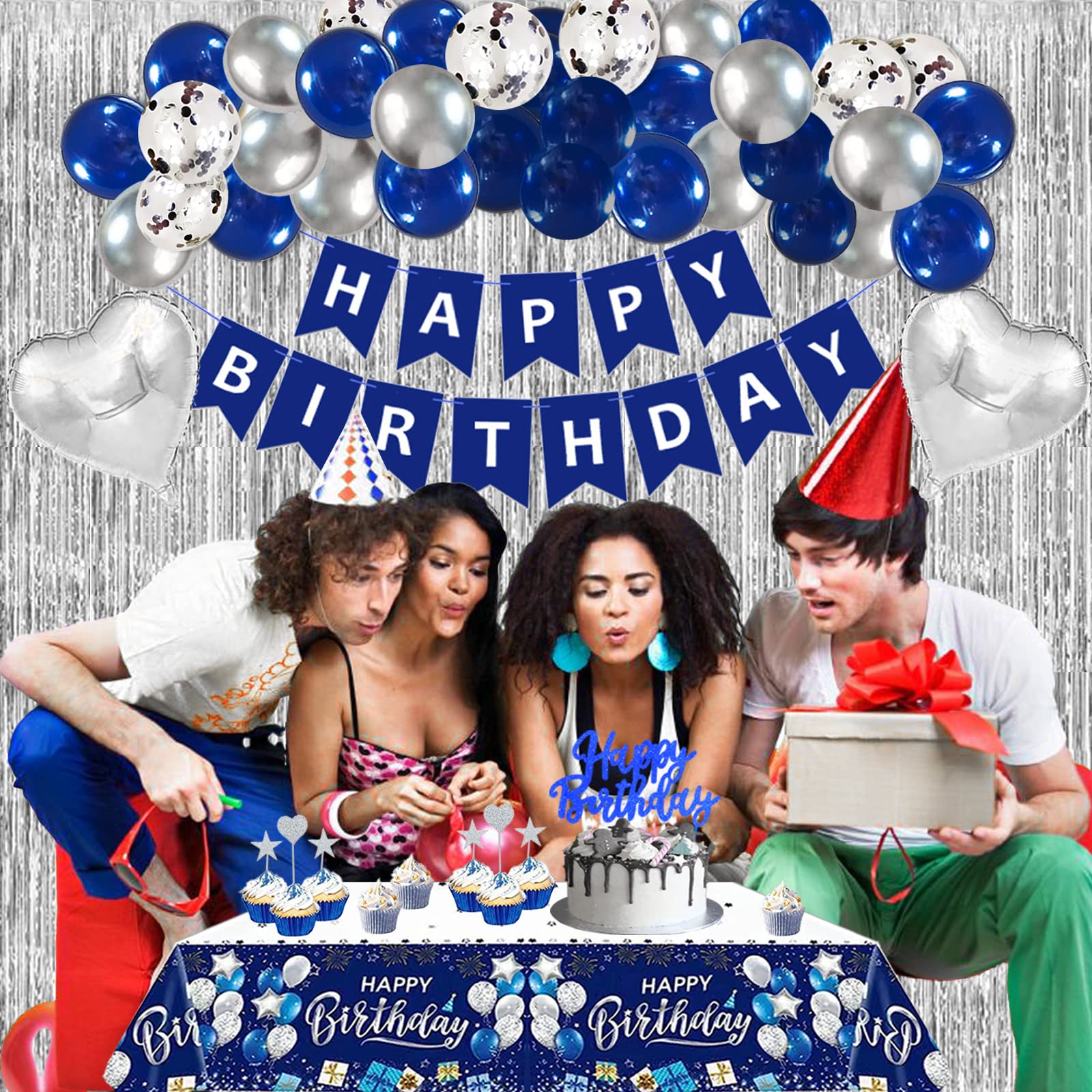 Navy Blue & Silver Birthday Party Decorations Set for Men & Women - Happy Birthday Banner, Tablecloth, Balloons, Fringe Curtains, Hanging Swirls & Cake Toppers | Perfect for Adult Birthday Parties, Office Celebrations & Surprise Decorations
