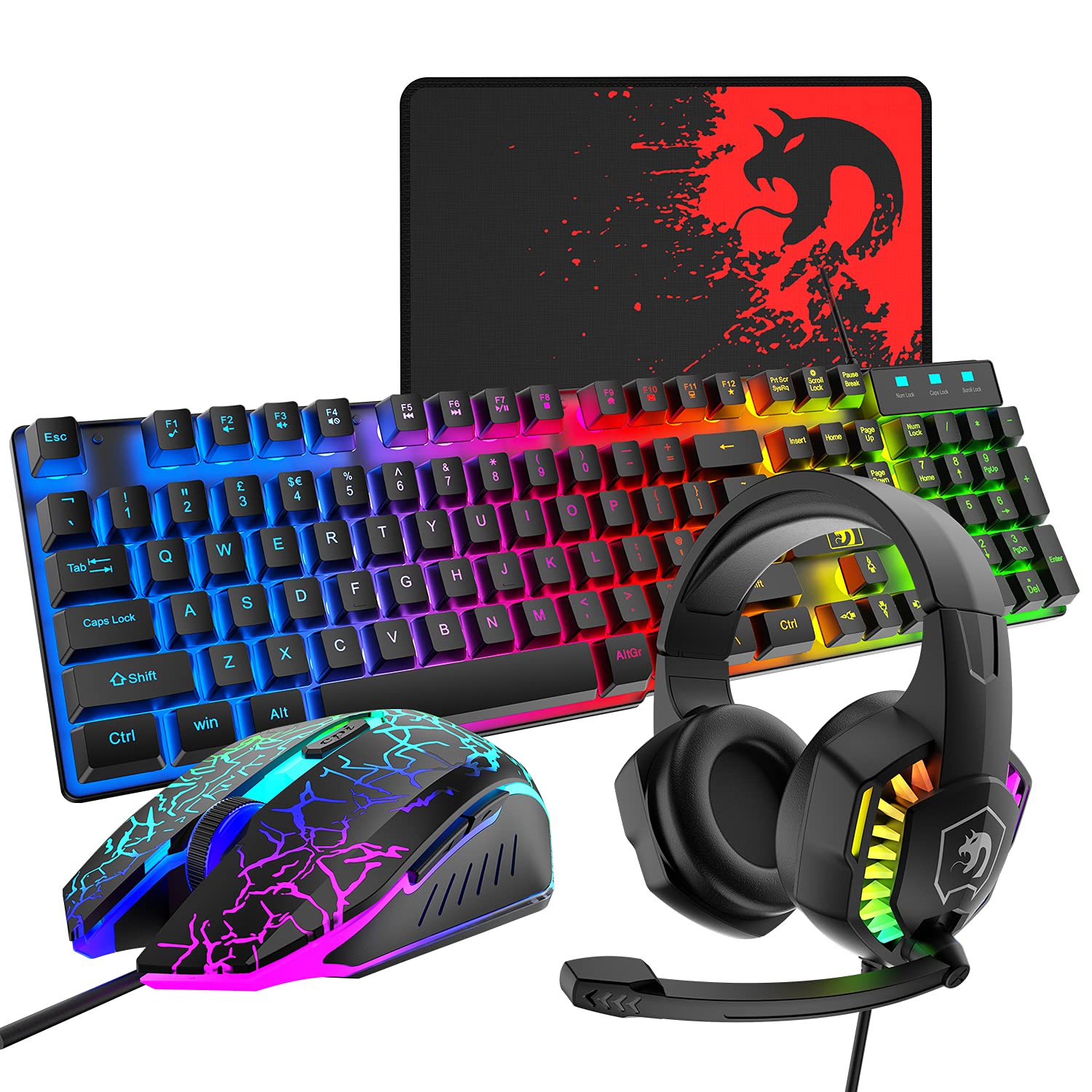RGB Gaming Keyboard and Mouse Combo with Headset - Wired Mechanical Keyboard, Over-Ear Gaming Headphones with Mic, LED Backlit Mouse & Mouse Pad - Compatible with PC, Laptop, Mac, PS4, Xbox (Black) - Perfect for Esports, Streaming & Office Work
