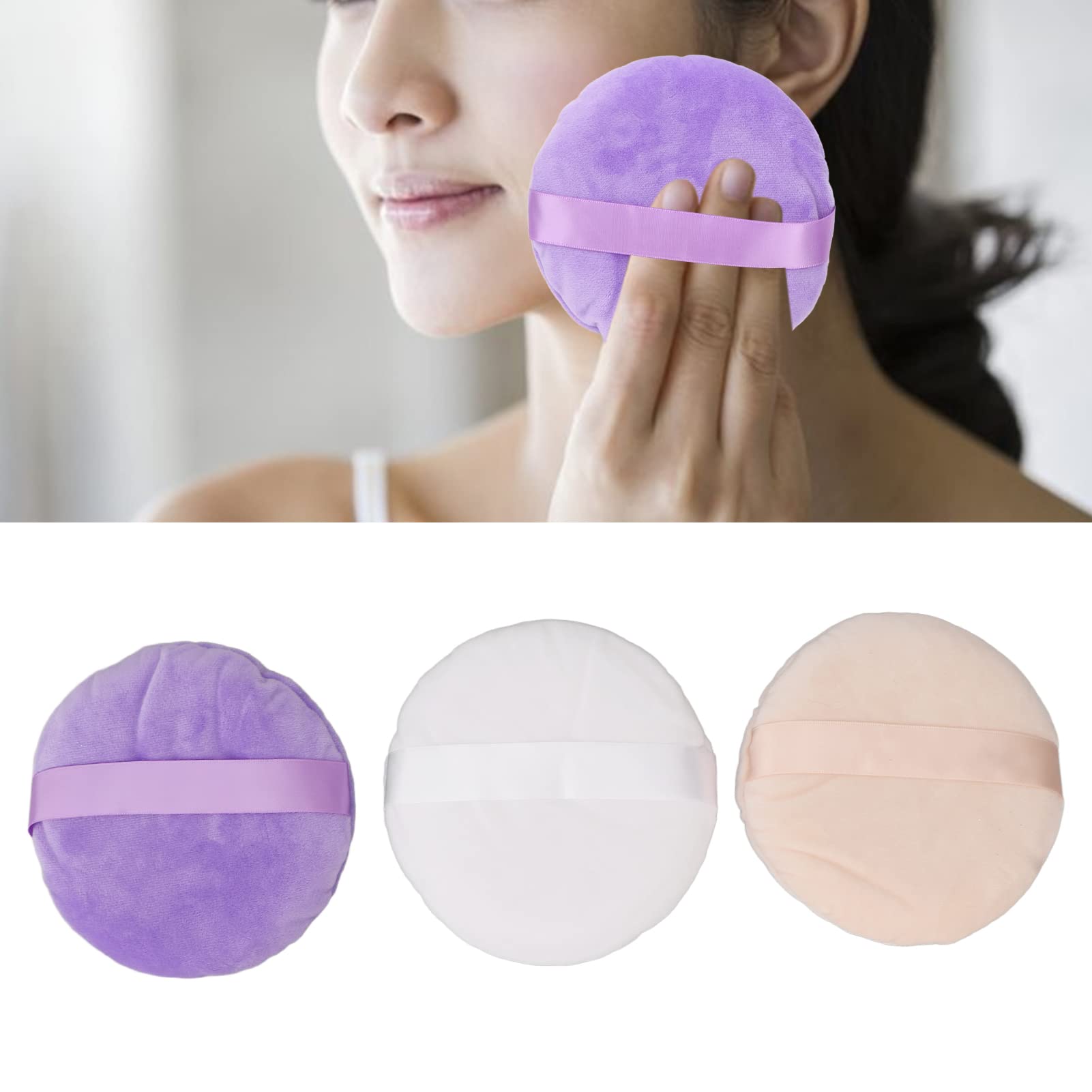 5 Inch Large Round Powder Puff Set of 3 - Soft Washable Makeup Puffs with Ribbon for Loose & Pressed Foundation - Perfect for Professional Makeup Application & Travel Touch-Ups