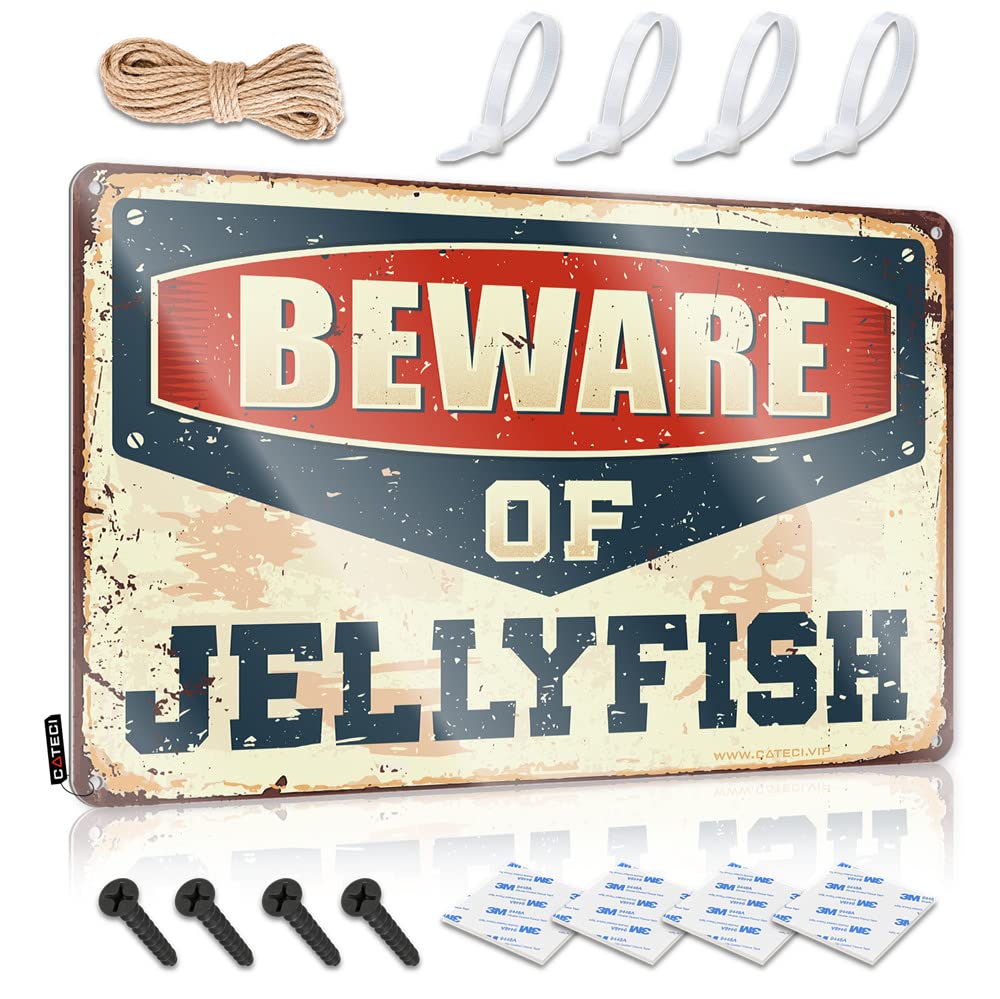 Funny Beware of Jellyfish Metal Sign - 20x30cm Outdoor Decor, Man Cave & Bathroom Accessories for Men - Perfect for Beach House, Pool Area & Coastal Themed Rooms