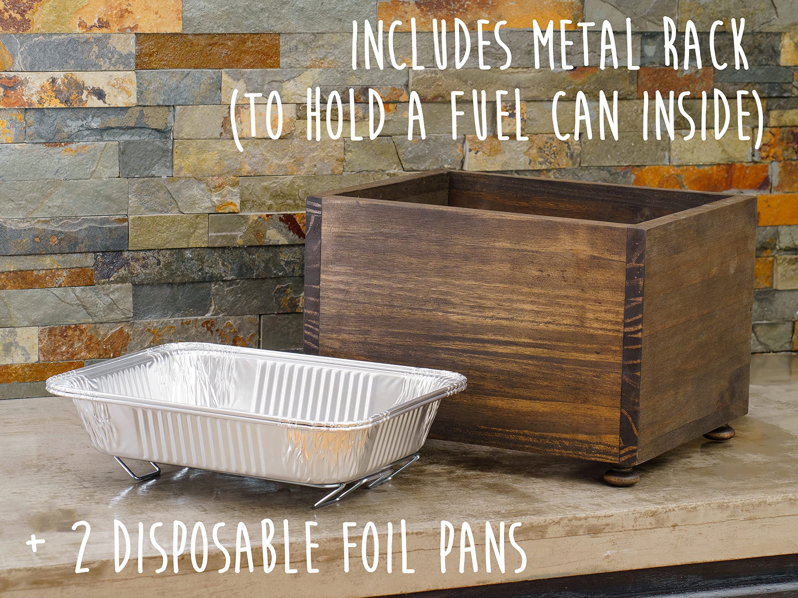Wooden Chafing Dish Stand with Disposable Foil Pan Holder - Buffet Serving Rack for Catering & Events, Holds Sterno Fuel Can & Steam Table Pans - Rustic Farmhouse Style for Weddings, Parties & Banquets