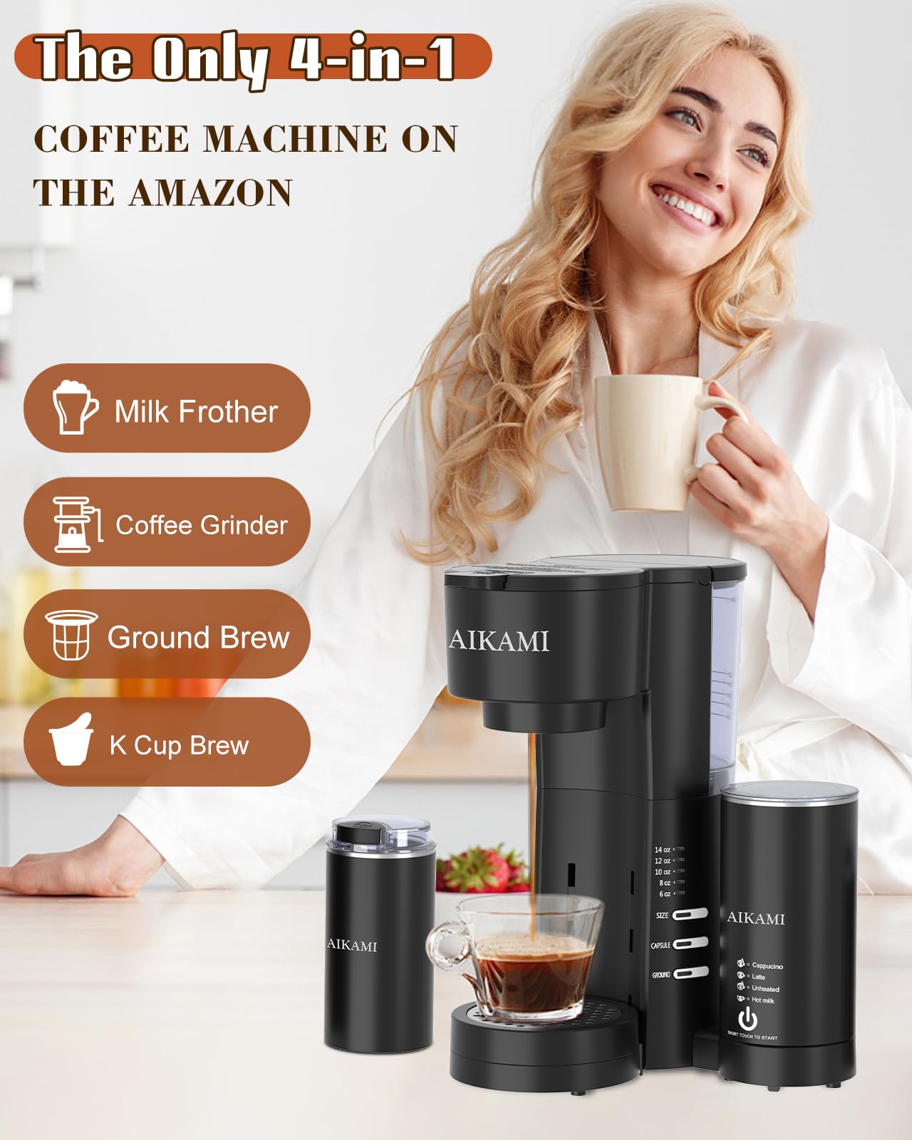 4 in 1 Single Serve Coffee Maker with Built-in Milk Frother & Grinder - Compatible with K-Cups & Ground Coffee - 30oz Removable Water Tank - 6-14oz Brew Sizes - Perfect for Home, Office & Small Kitchens - Compact Espresso Machine for Latte, Cappuccino & Americano Lovers