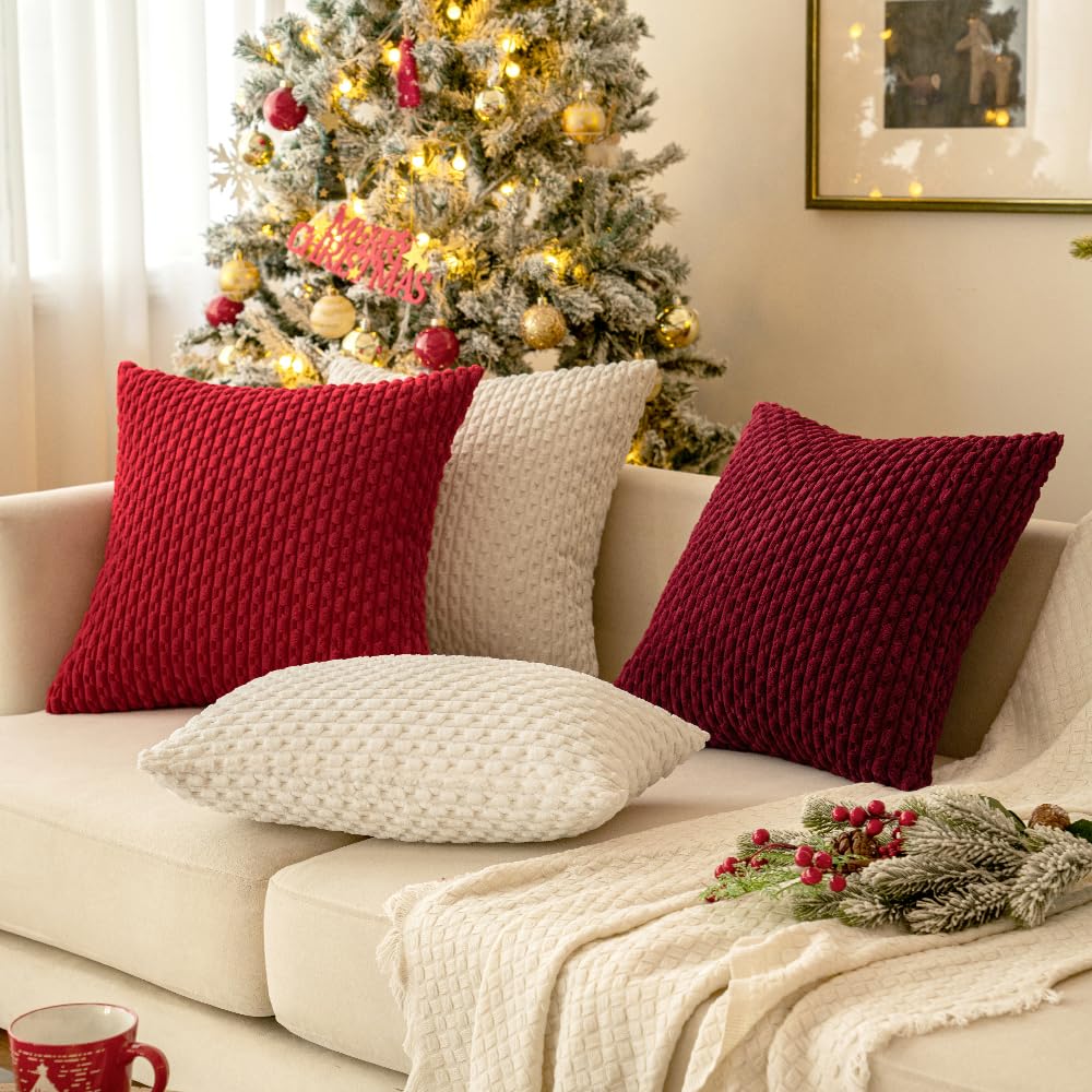 MIULEE Soft Corduroy Boho Striped Throw Pillow Covers Set of 2 - 18x18 Inch Cream White Decorative Pillow Cases for Couch, Sofa, Bed & Living Room - Farmhouse Home Decor Perfect for Spring Refresh & Cozy Comfort