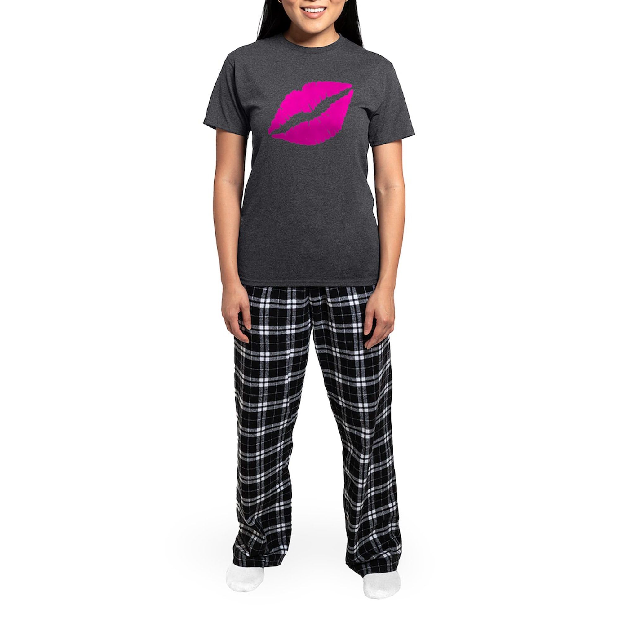 Sexy Pink Lips Kiss Women's Charcoal Pajama Set - Soft & Comfortable Novelty Sleepwear for Women | Perfect for Valentine's Day, Bachelorette Parties & Cozy Nights