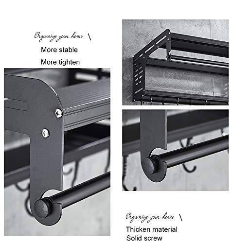 Black Aluminum Microwave Oven Wall Mount Shelf - Double Bracket with 10 Removable Hooks & Wrapper Roll Holder - Space Saving Kitchen Organizer for Christmas Decorations & Small Appliances