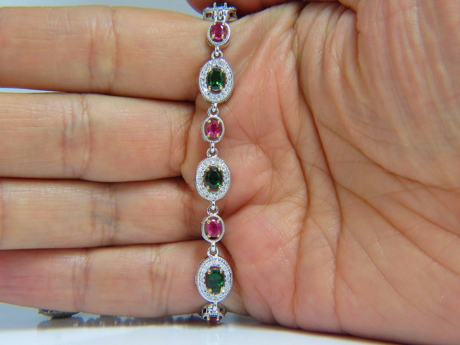 5.27ct Natural Tsavorite Ruby & Diamonds Cluster Link Bracelet - Elegant Jewelry for Women, Perfect for Parties, Weddings & Special Occasions