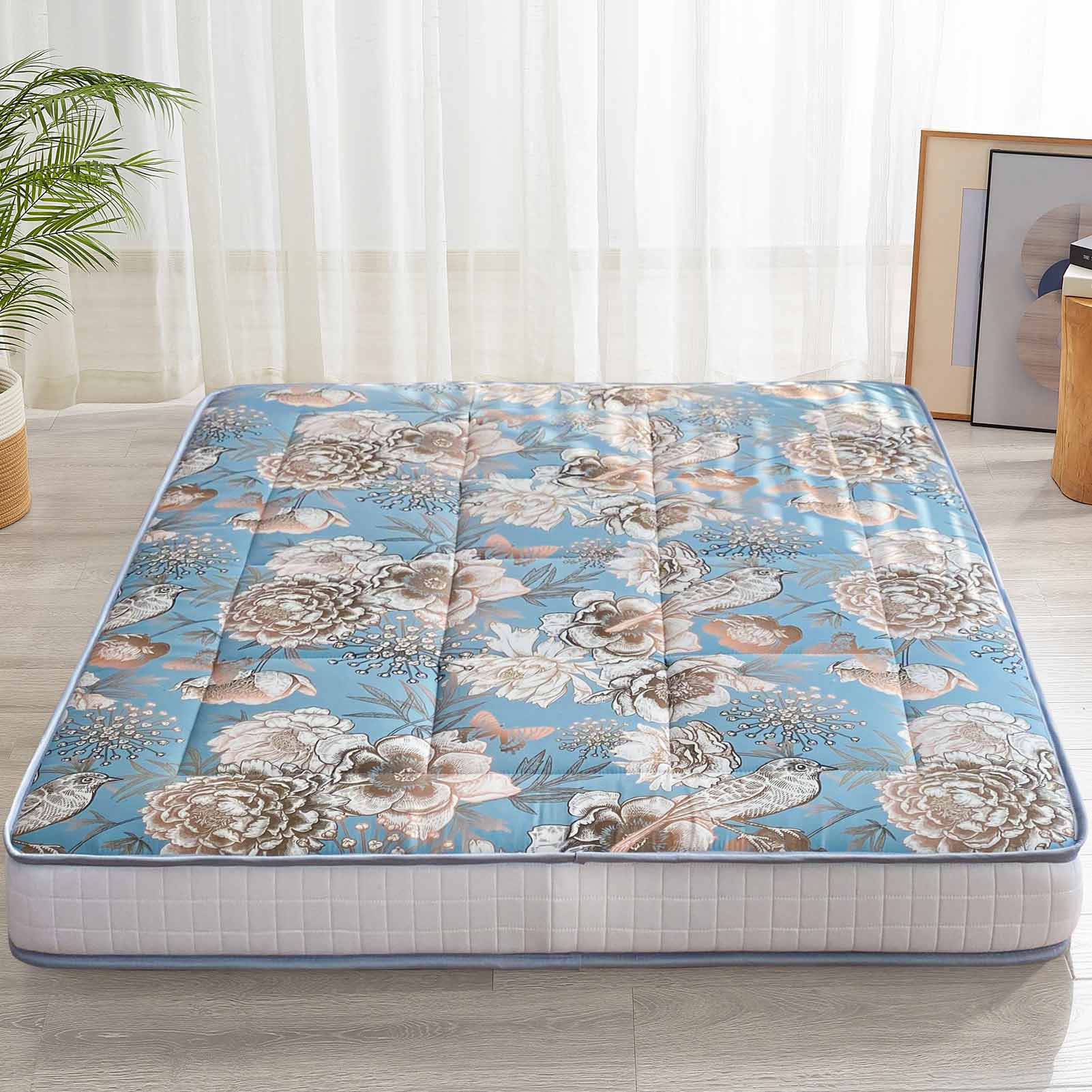MAXYOYO 6-Inch Extra Thick Japanese Futon Mattress - Luxury Gold Floral & Bird Design Floor Sleeping Pad for Home, Guest Room, or Meditation Space