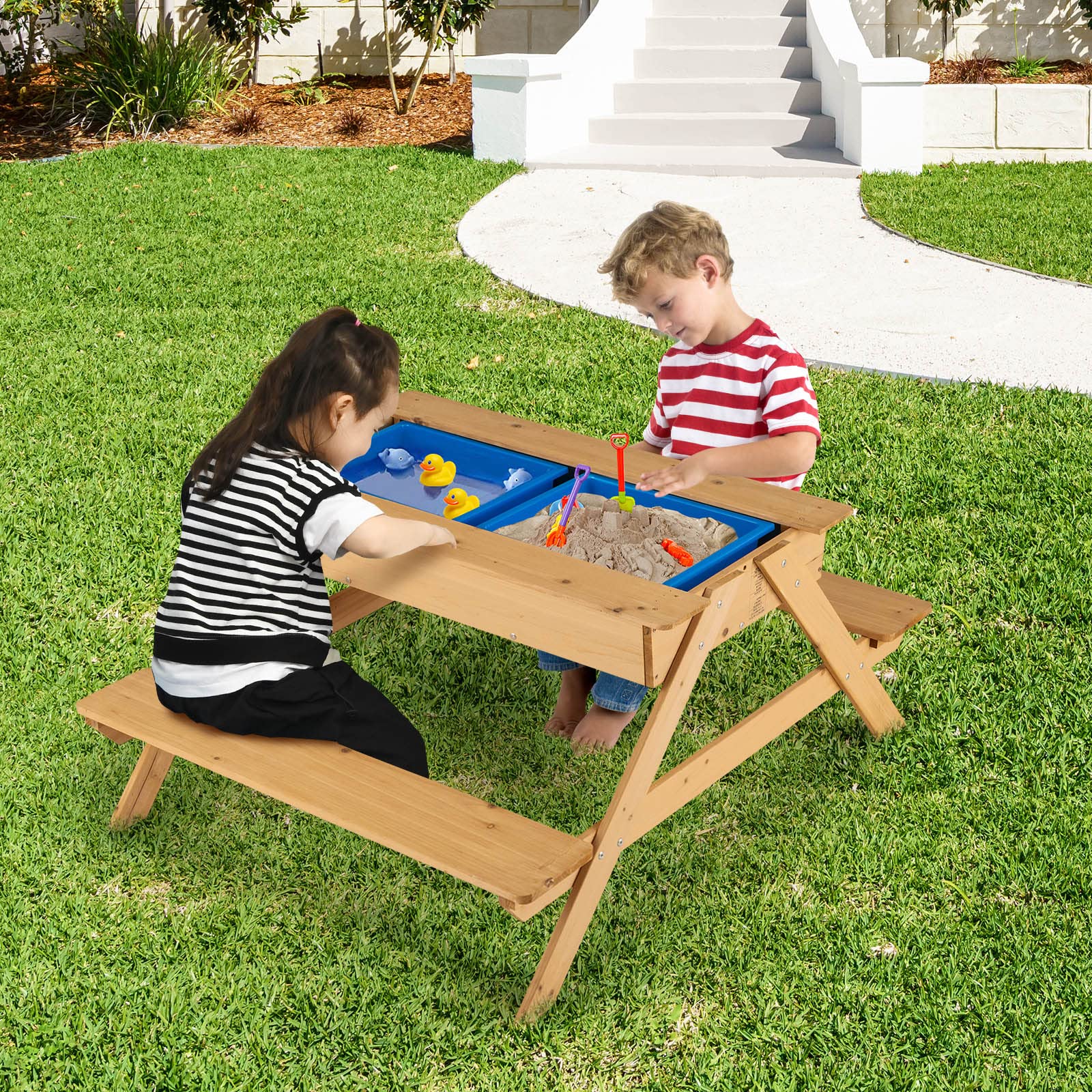 HONEY JOY Kids Picnic Table - 3-in-1 Convertible Sand & Water Play Table with 2 Storage Bins & Detachable Tabletop - Wooden Outdoor Bench Set for Backyard, Garden & Patio - Perfect for Toddler Activities, Sensory Play & Outdoor Fun