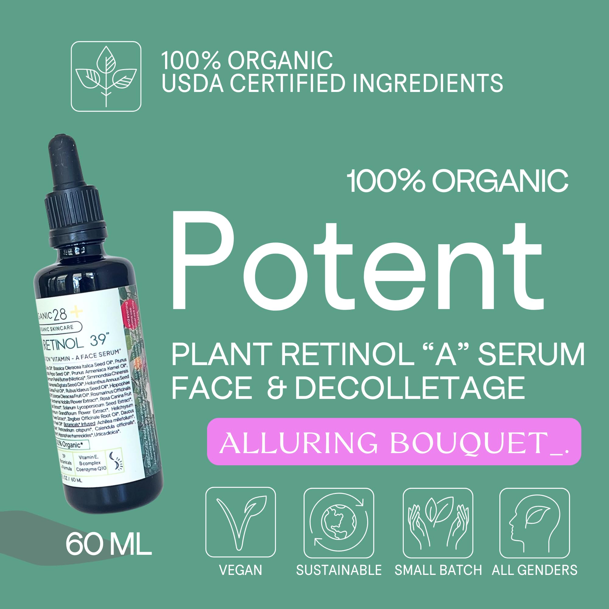 Organic28 100% Organic Plant Retinol Face Serum - Anti-Aging Facial Moisturizer with 39 Botanicals | Fast Absorbing, Vegan, Cruelty-Free | Day & Night Cream for Women | USA Made, 2 Fl Oz | Perfect for Dry Skin & Wrinkle Reduction