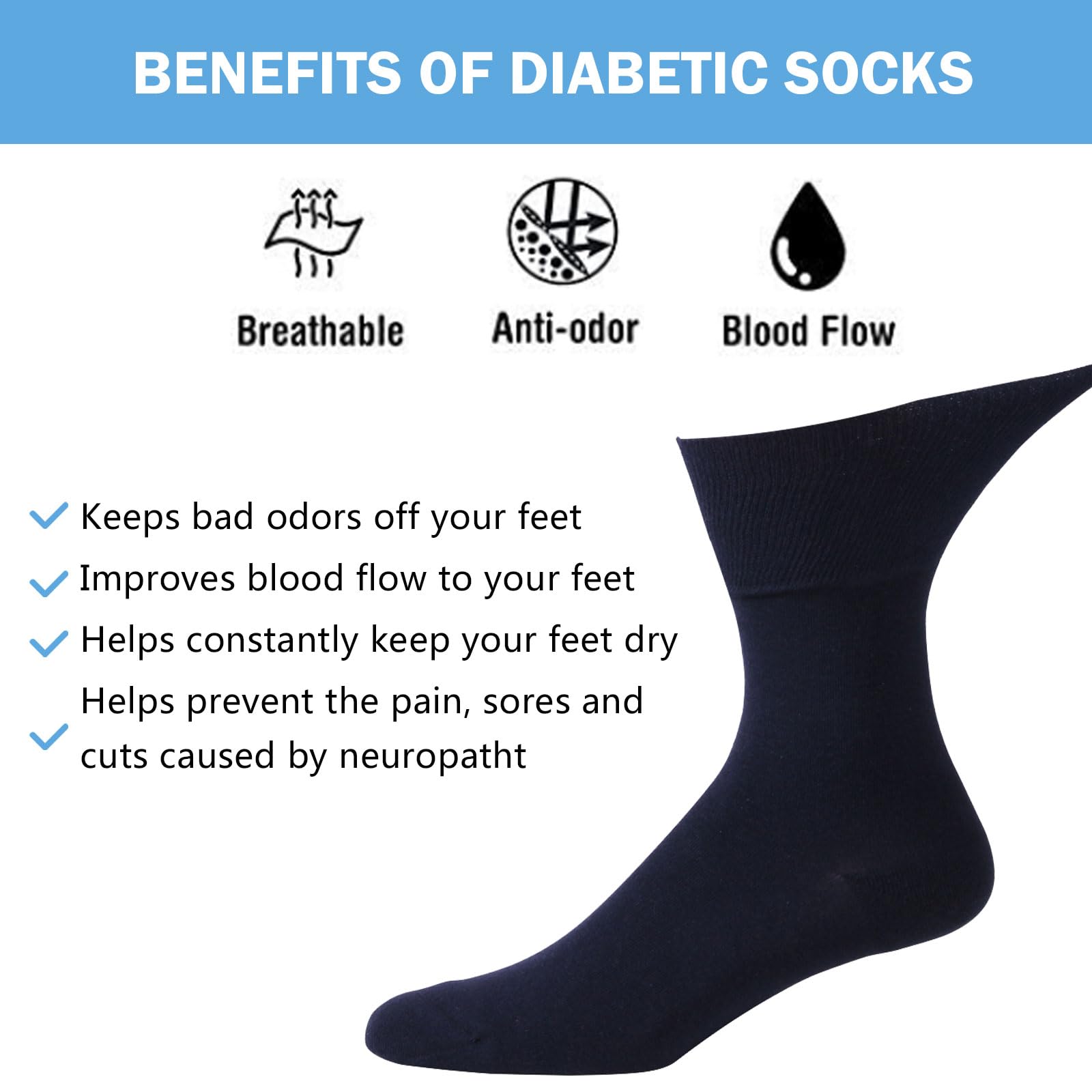 Forcool Non-Binding Diabetic Socks for Men & Women - Breathable Cotton Crew Socks for Circulation, M/L/XL, 3/6 Pairs - Ideal for Diabetes, Swelling & All-Day Comfort at Home or Work