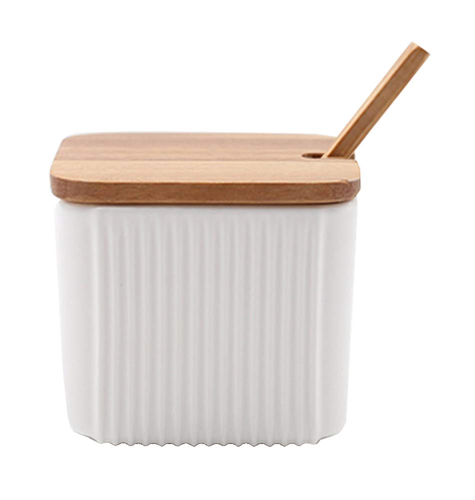 Mathew O Ceramic Sugar Bowl with Wooden Lid & Spoon - Stripe Relief Design Spice Jar for Coffee, Tea, Baking & Kitchen Seasoning Storage