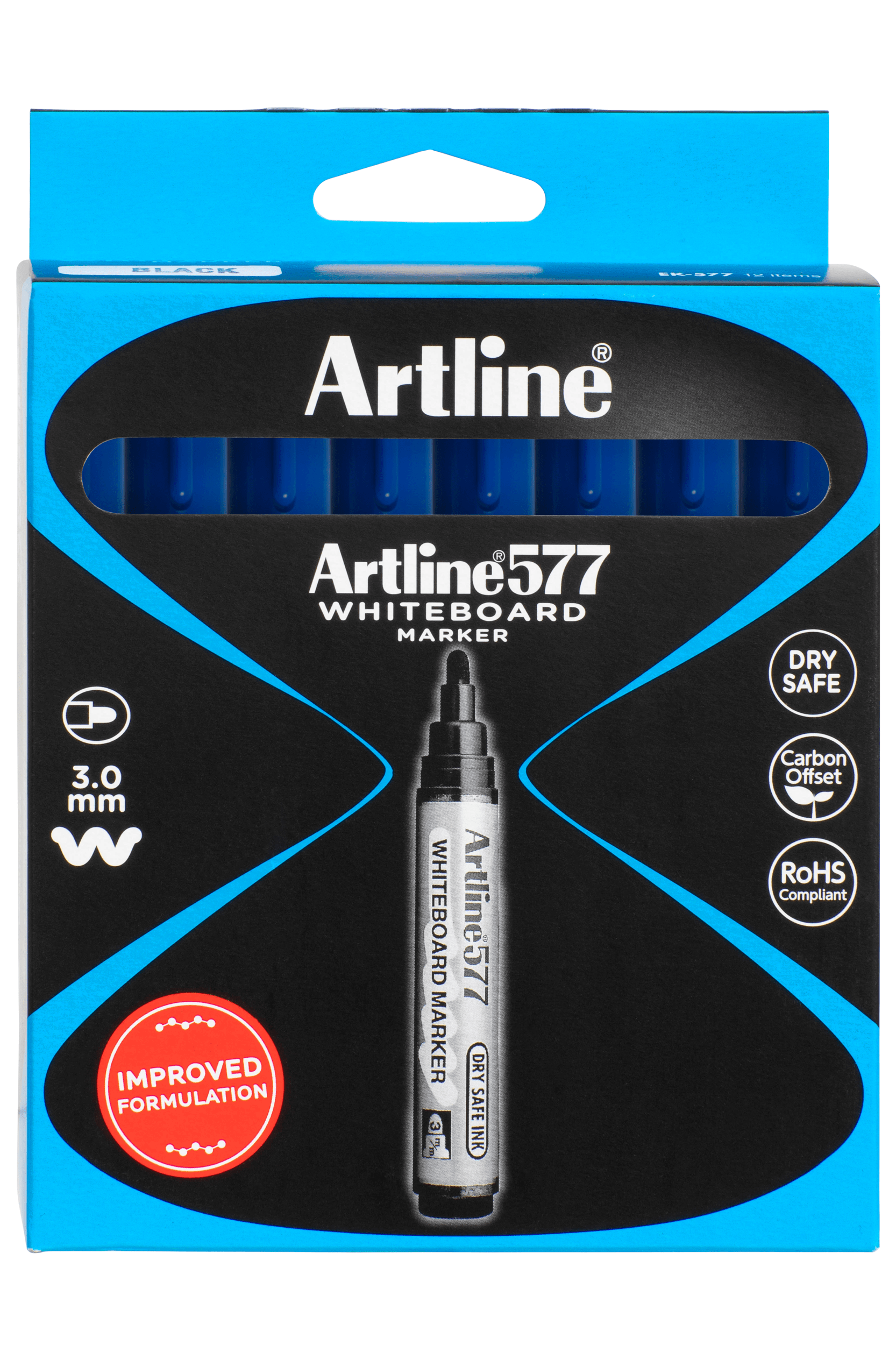 Artline 577 Whiteboard Markers - 3mm Bullet Tip, Blue Ink, Pack of 12 - Perfect for Office Meetings, Classroom Teaching & Home Organization