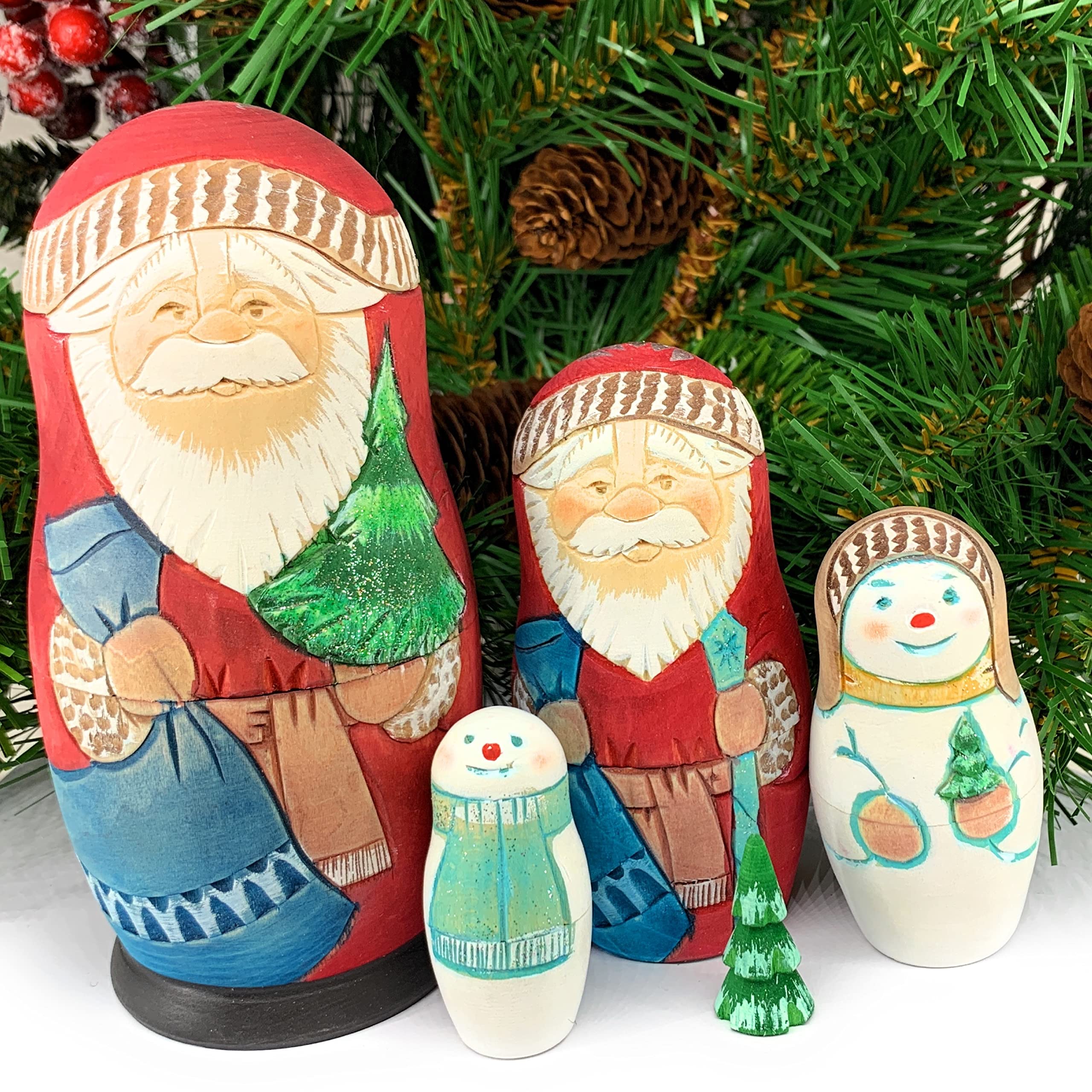 Russian Santa Claus Wooden Nesting Doll Set - Handmade Christmas Tree, Snowman, 5 in 1 Matryoshka Home Decor (6.49