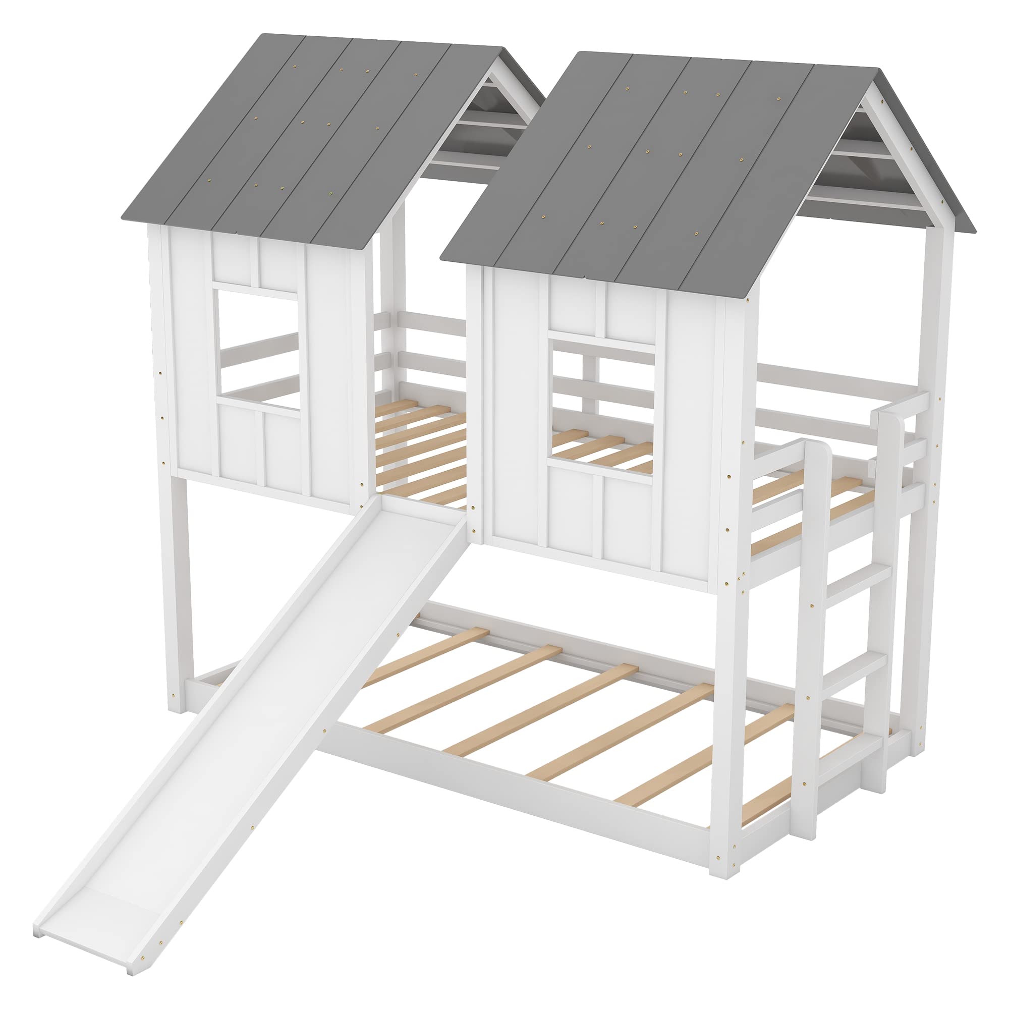 MERITLINE Twin Over Twin Kids House Bunk Bed with Slide, Roof & Windows - Playhouse Bed for Boys & Girls (No Spring Box Needed, White) | Perfect for Bedrooms, Playrooms & Sleepovers