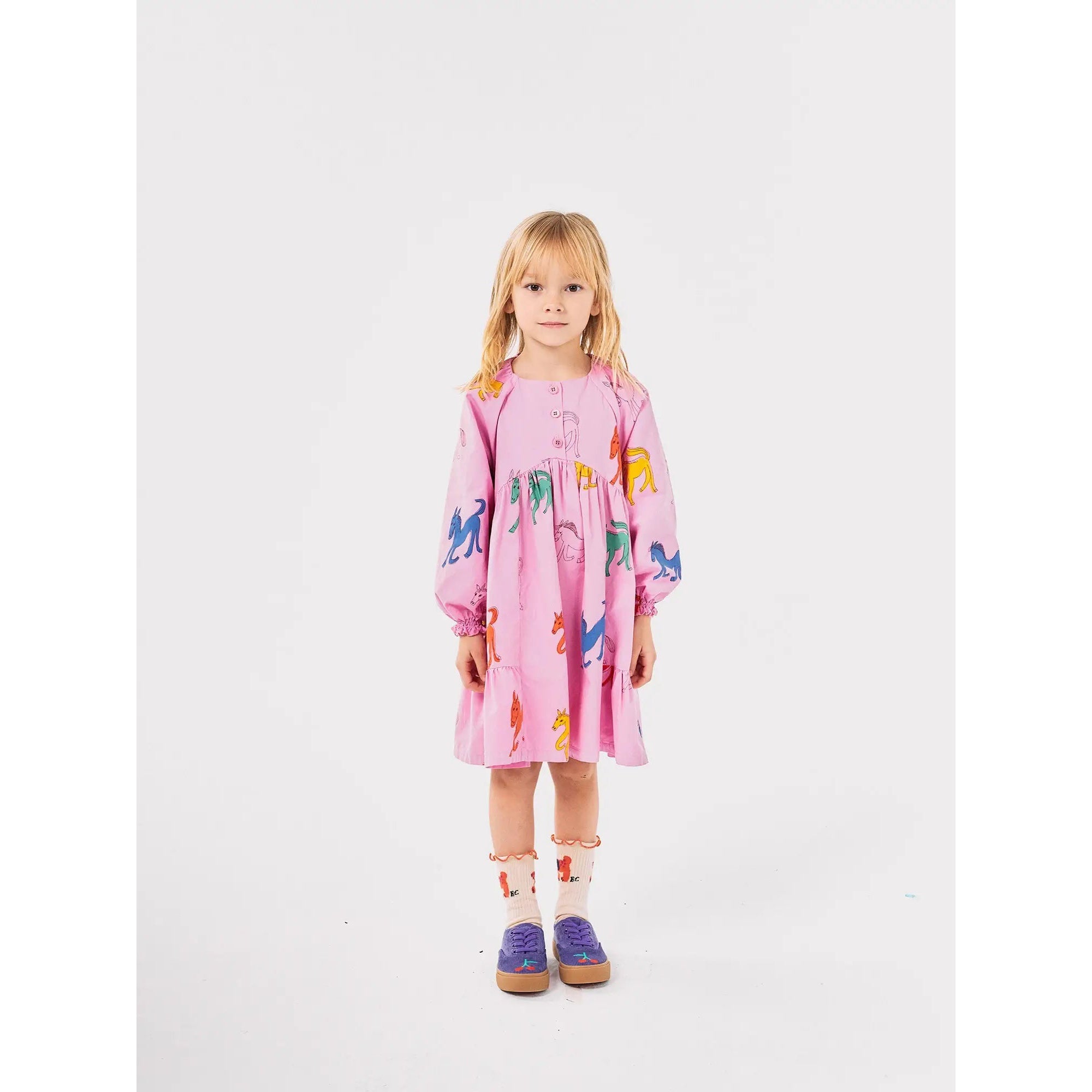 Bobo Choses Wonder Horse Woven Dress for Girls - Pink Floral Print, Comfortable & Stylish Casual Wear for Playdates, Parties & Everyday Outfits