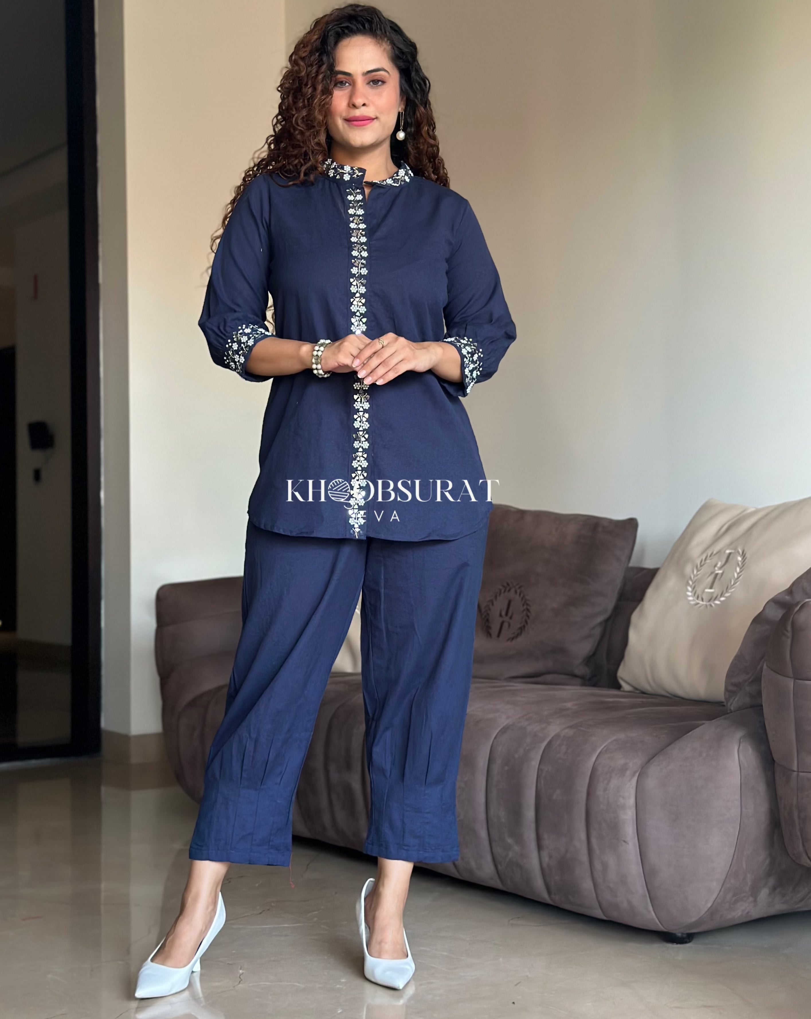RHEA Blue Mirror Work Co-Ord Set | Stylish Indian Embroidered Two-Piece Outfit for Women | Perfect for Festivals, Weddings & Special Occasions