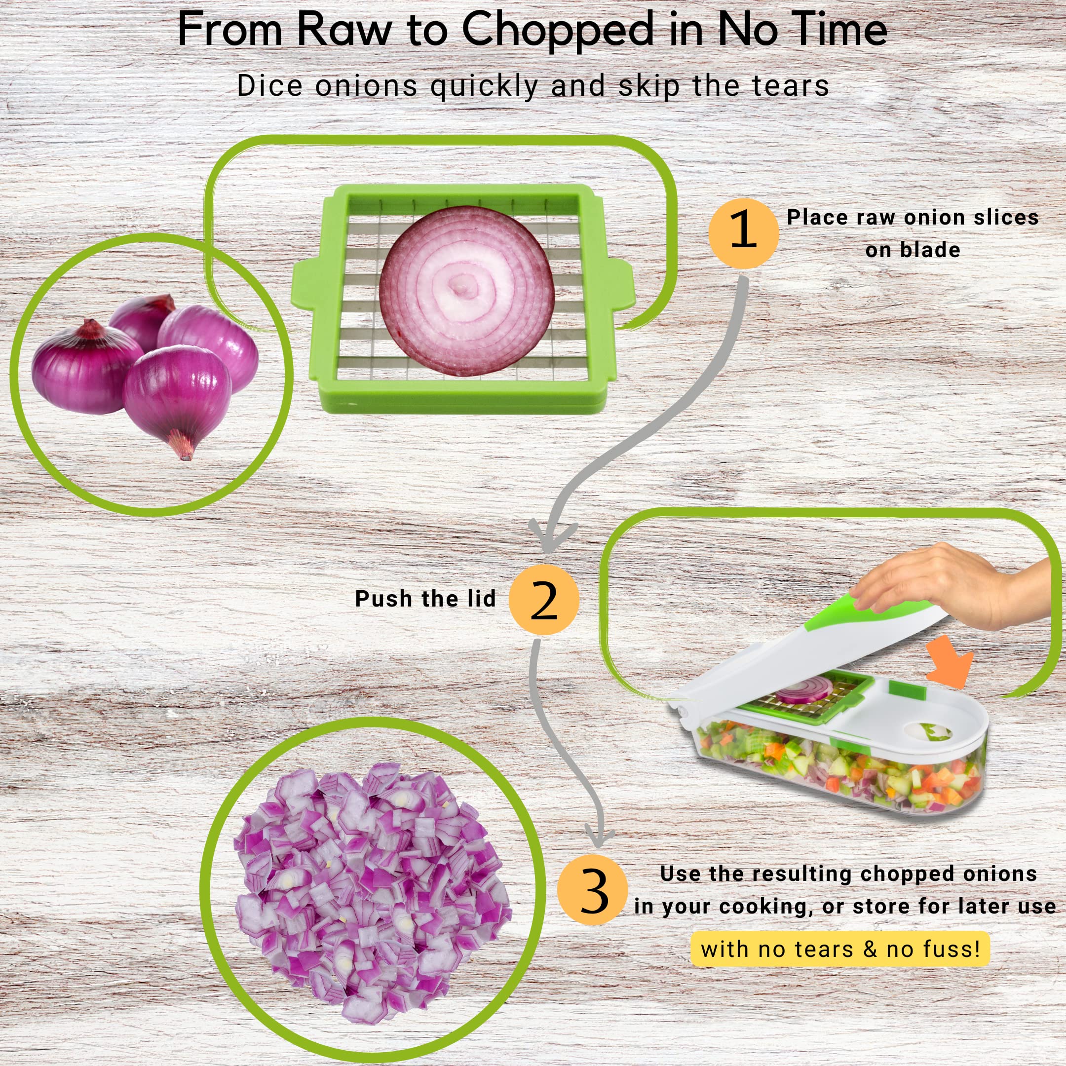 Brieftons QuickPush Food Chopper - 2-in-1 Vegetable & Fruit Dicer for Onion, Tomato, Potato - Includes 2 Dicing Blades & 5 Free Recipe Ebooks - Perfect for Meal Prep, Salad Making & Quick Cooking