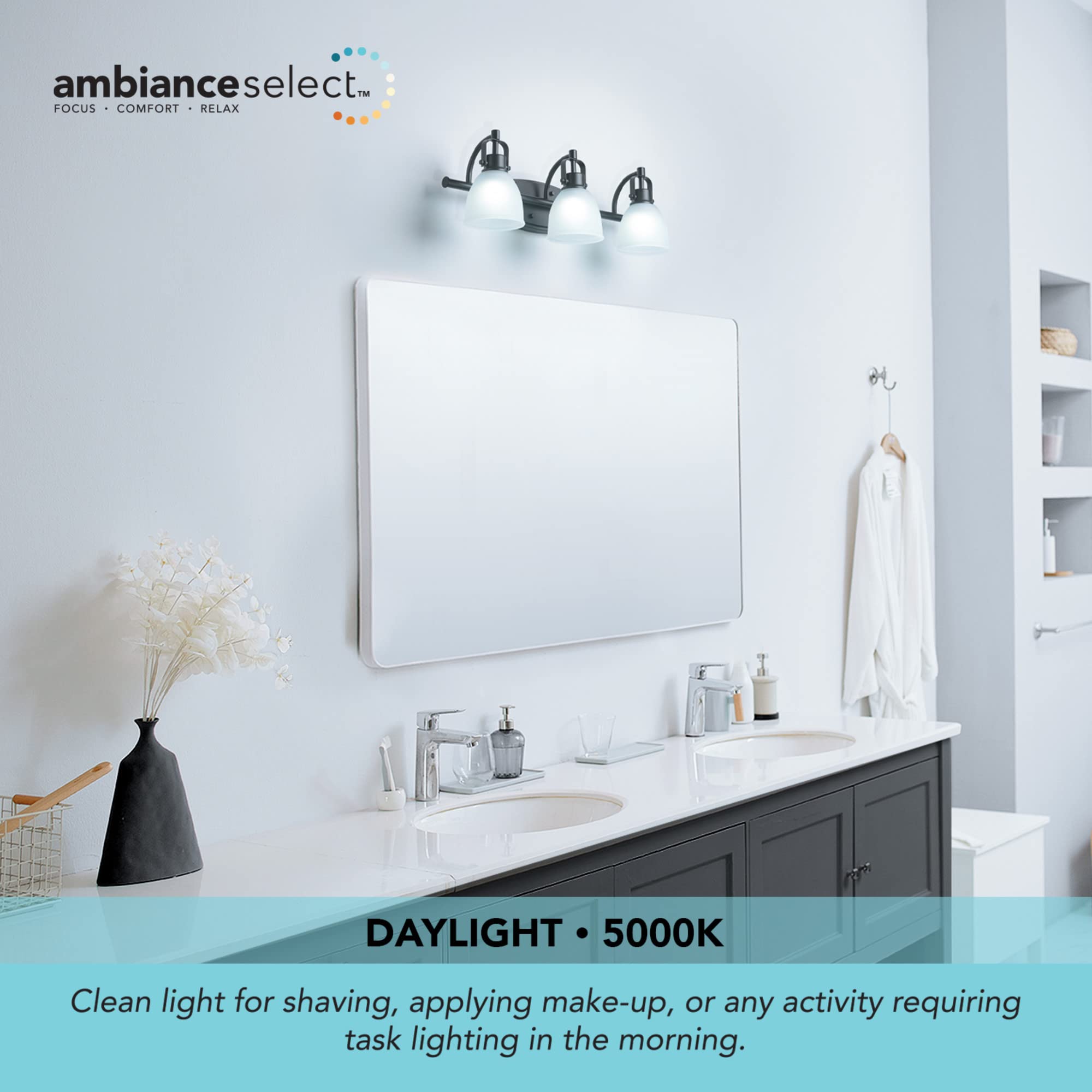 Globe Electric 52090 Gilroy 3-Light 25W LED Vanity Light with Adjustable Color Temperature (3000K-4000K-5000K) - Matte Black Finish, Frosted Glass Shades, 1780 Lumens, Energy Star Certified - Perfect for Bathroom, Dressing Room & Vanity Mirror Lighting