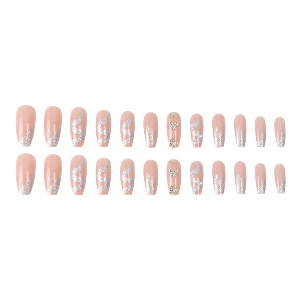 24Pcs Long Coffin Press on Nails - Glossy Ballerina Fake Nails with Diamond Design, Full Cover Clip on False Nails for Women & Girls - Perfect for Parties, Weddings & Special Occasions