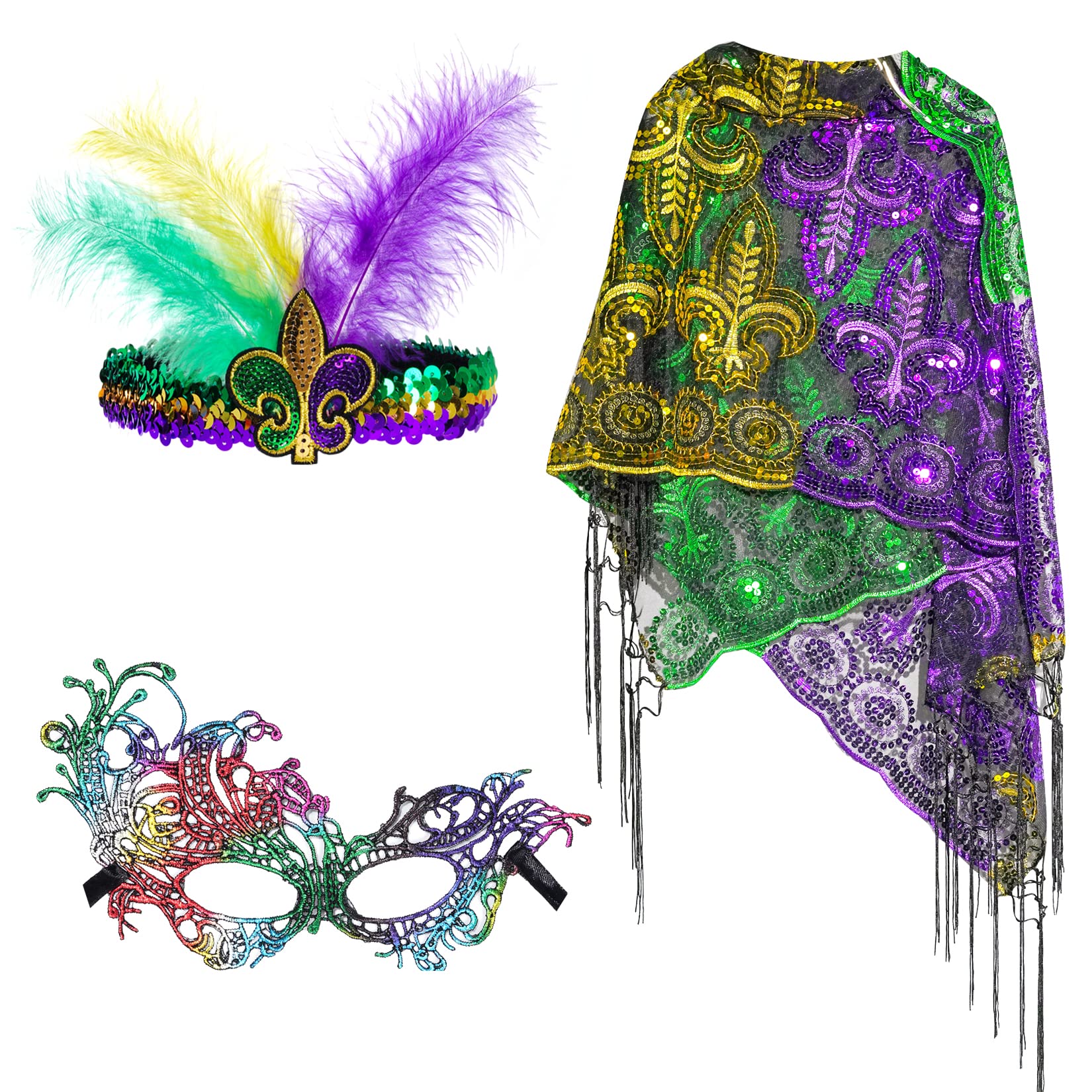 Yolyoo Mardi Gras Scarf & Headband Set - Colorful Masquerade Party Costume Accessories for Women - Perfect for Carnival, Halloween, and Themed Parties