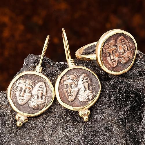 Ancient Roman & Greek Coin Jewelry Set - 24K Gold Plated Signet Coin Earrings & Ring - Vintage Double Face Coin Necklace - Perfect for Historical Reenactments, Cosplay & Unique Gift Giving