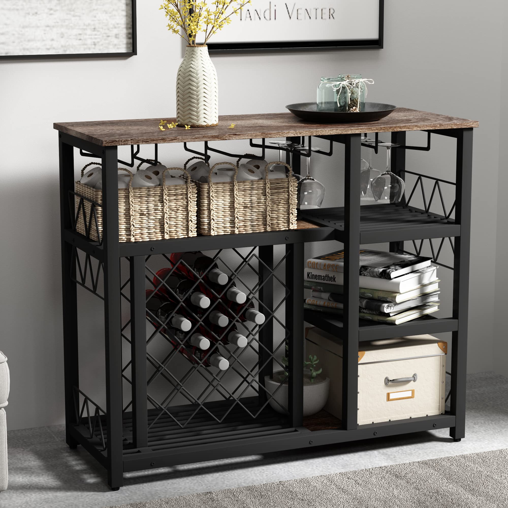 Modern Industrial Wine Rack Console Table with Glass Shelf - Freestanding Kitchen & Dining Room Buffet Table for 21 Bottles (Brown) | Perfect for Home Bar, Living Room Decor & Wine Storage Organization